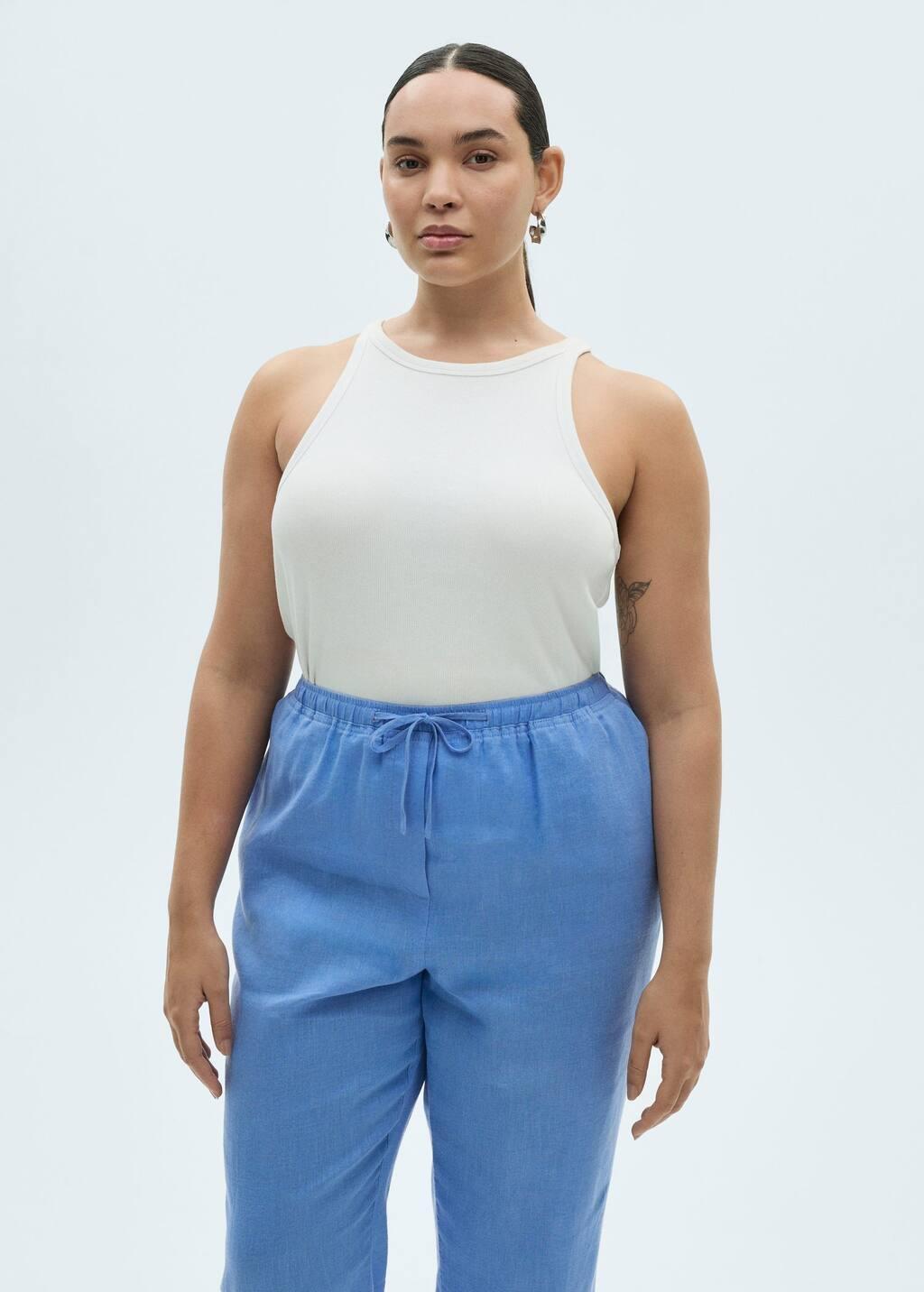 Blue Straight Linen-Blend Trousers, , large image number 5