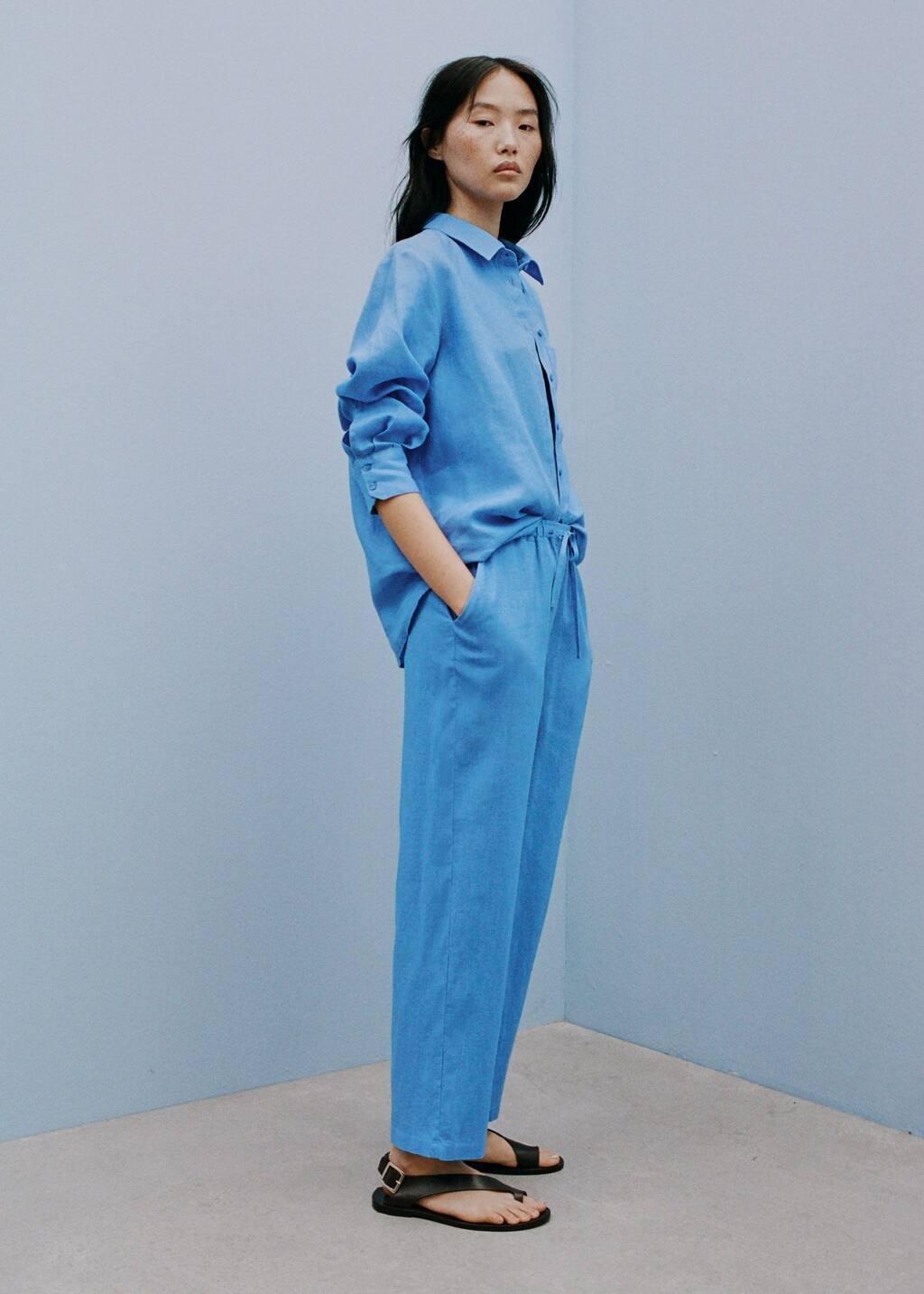 Blue Straight Linen-Blend Trousers, , large image number 6