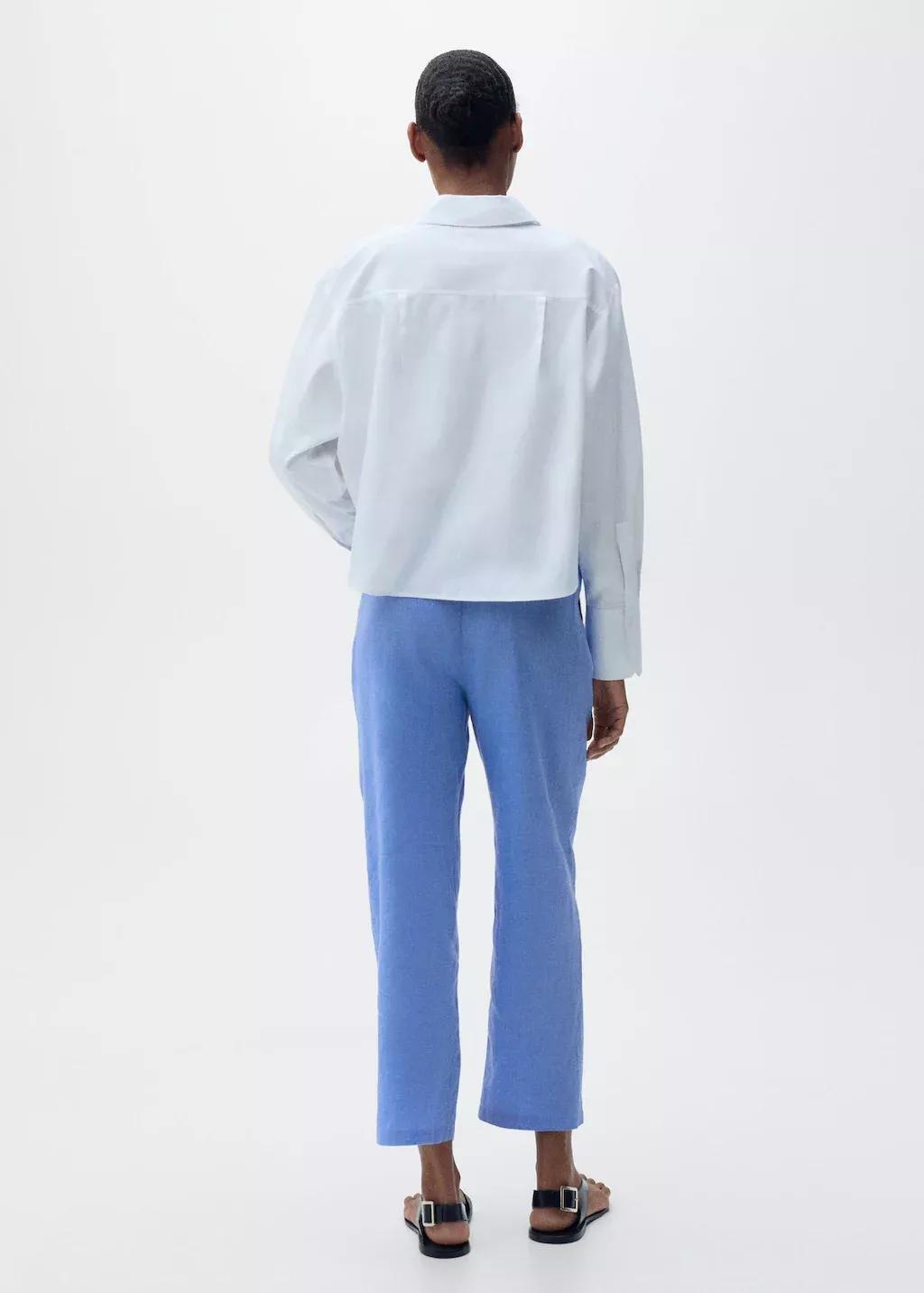 Blue Straight Linen-Blend Trousers, , large image number 8