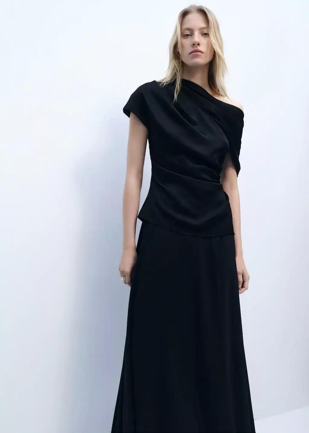 Black Short-Sleeved Draped Blouse, , large image number 0