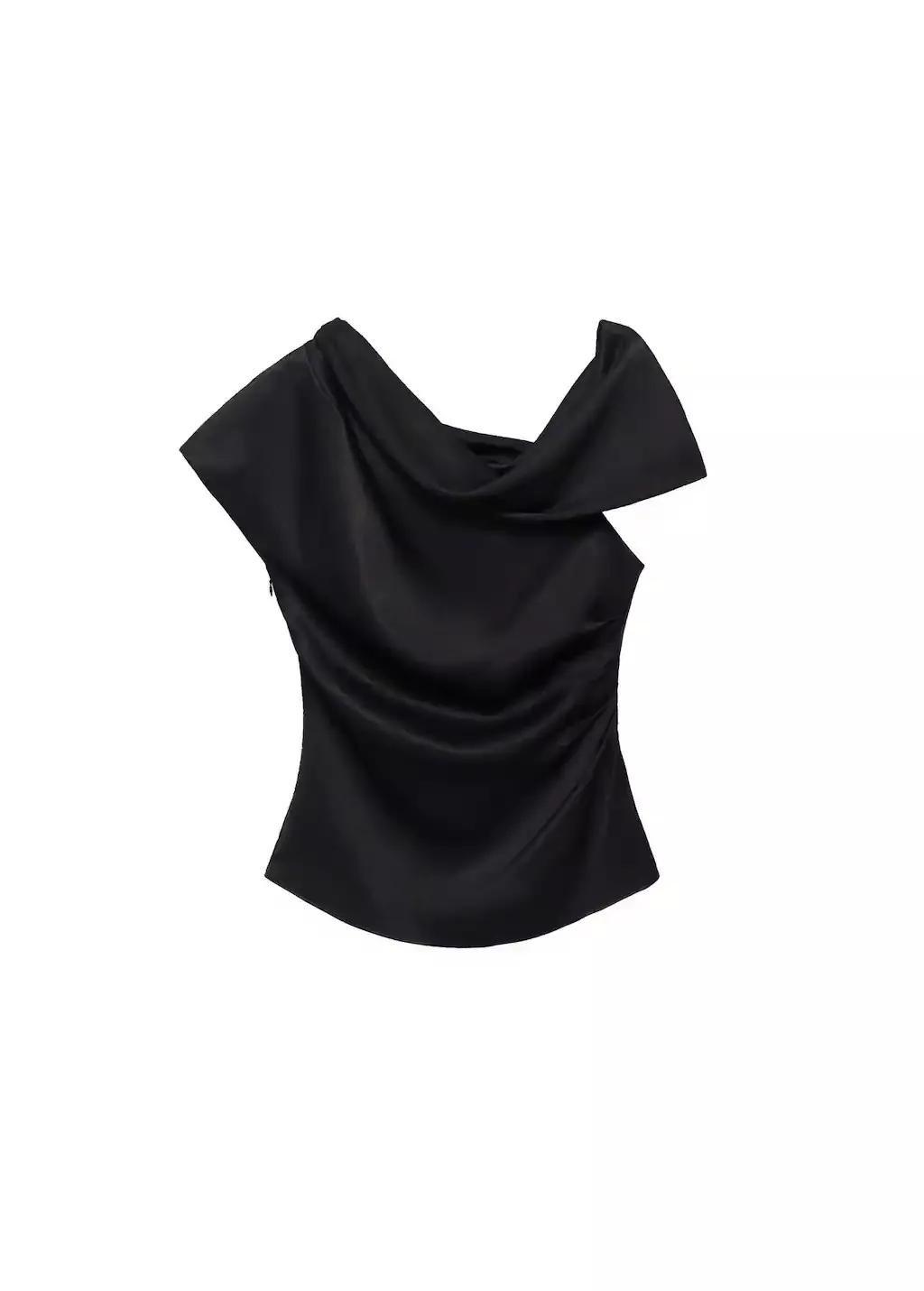 Black Short-Sleeved Draped Blouse, , large image number 4