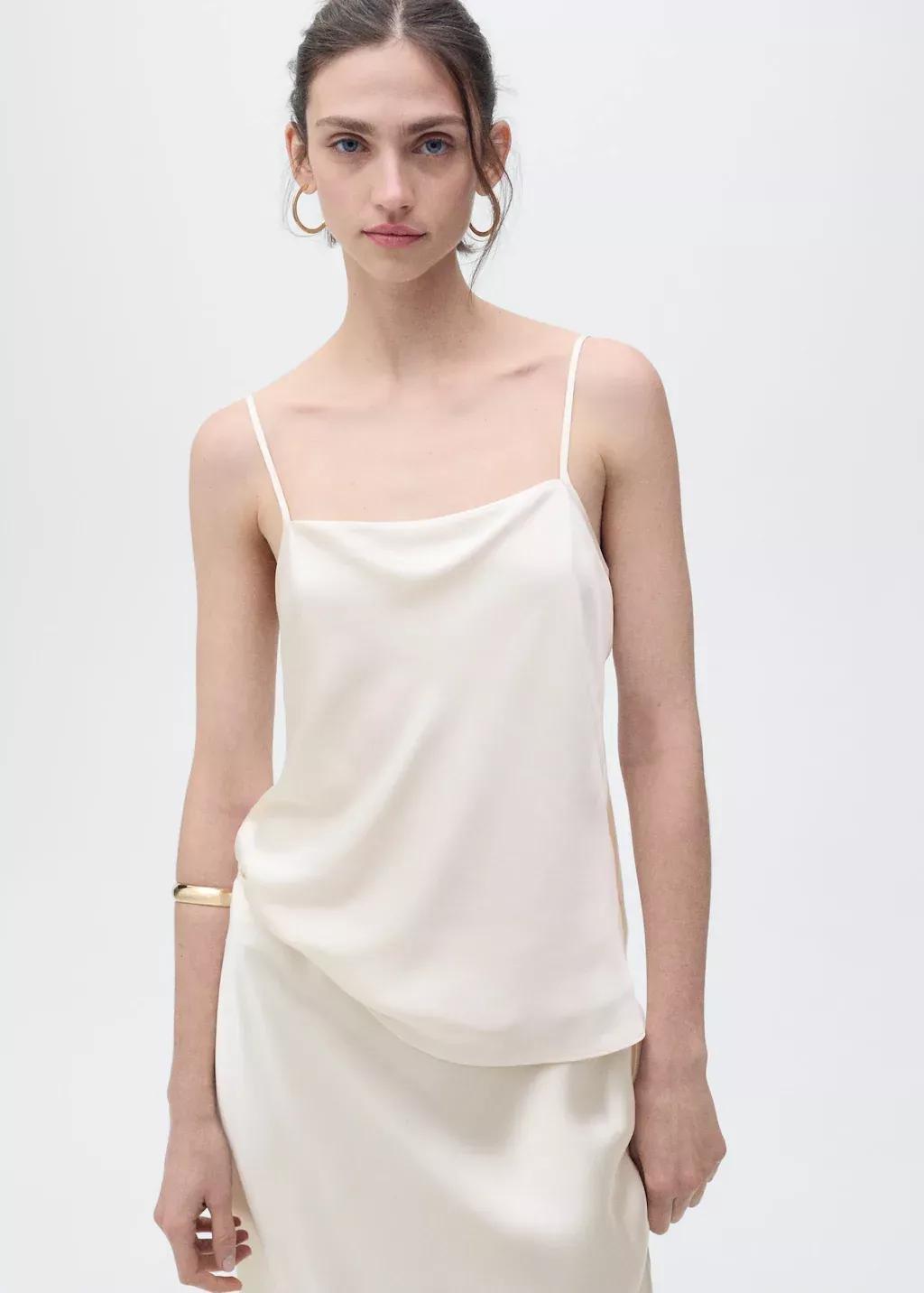 Beige Satin Top With Draped Neckline, , large image number 1