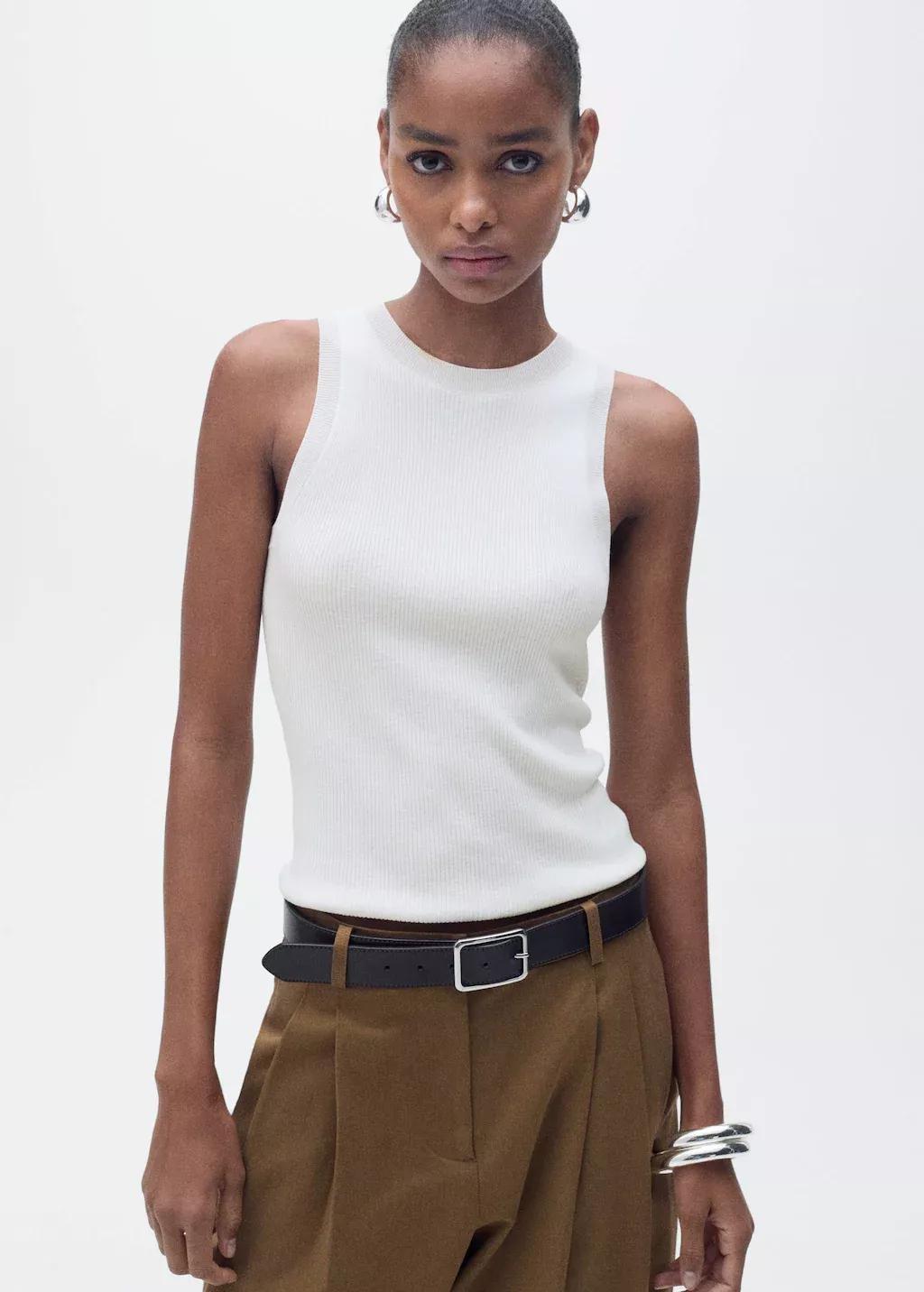 Beige Ribbed Knit Top, , large image number 1