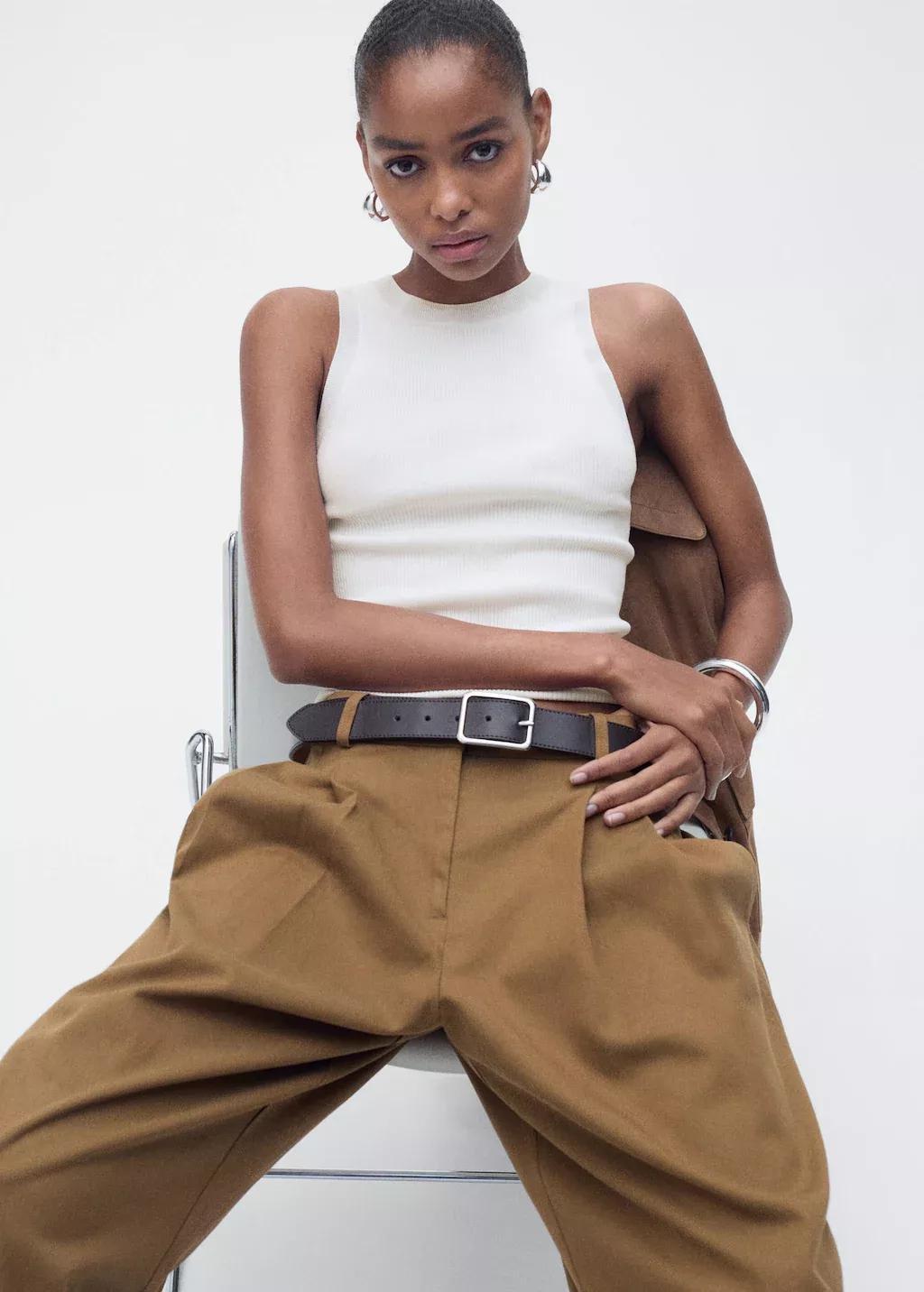 Beige Ribbed Knit Top, , large image number 3