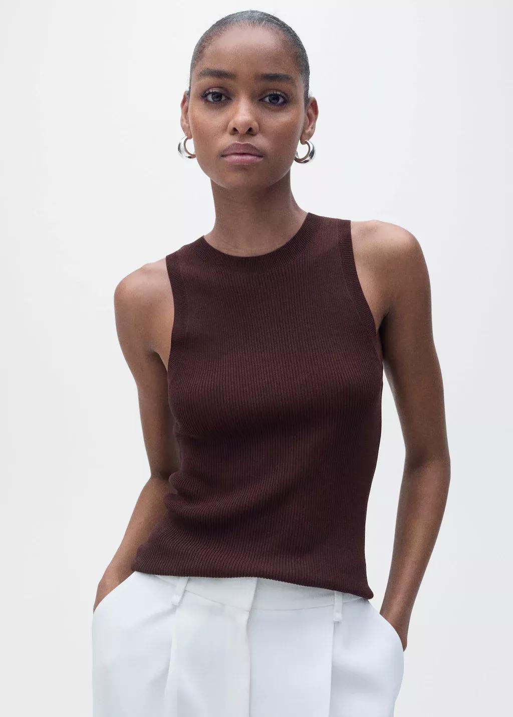 Brown Ribbed Knit Top, , large image number 0