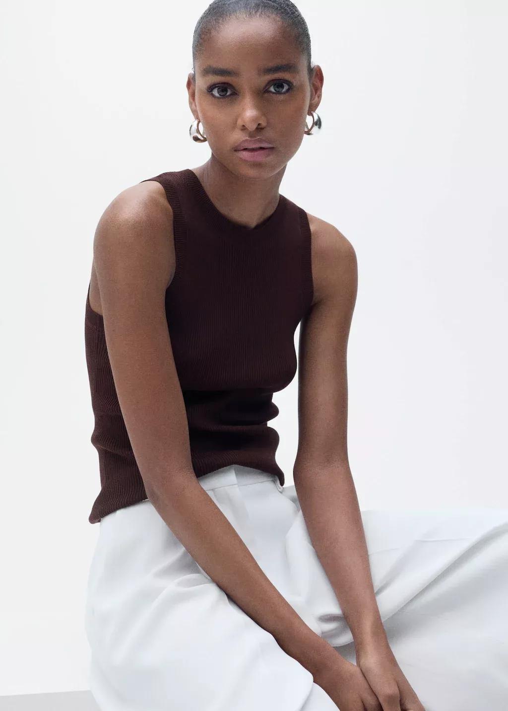 Brown Ribbed Knit Top, , large image number 1