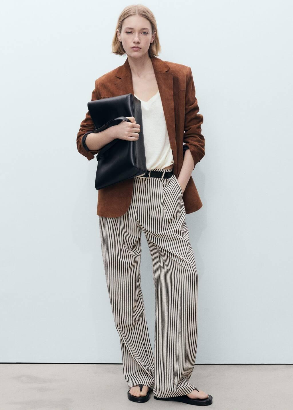 White Texture Striped Trousers, , large image number 1