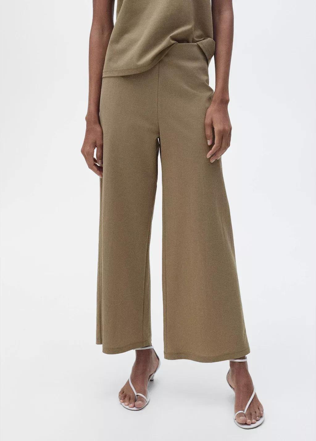 Khaki Cropped Palazzo Trousers, , large image number 0