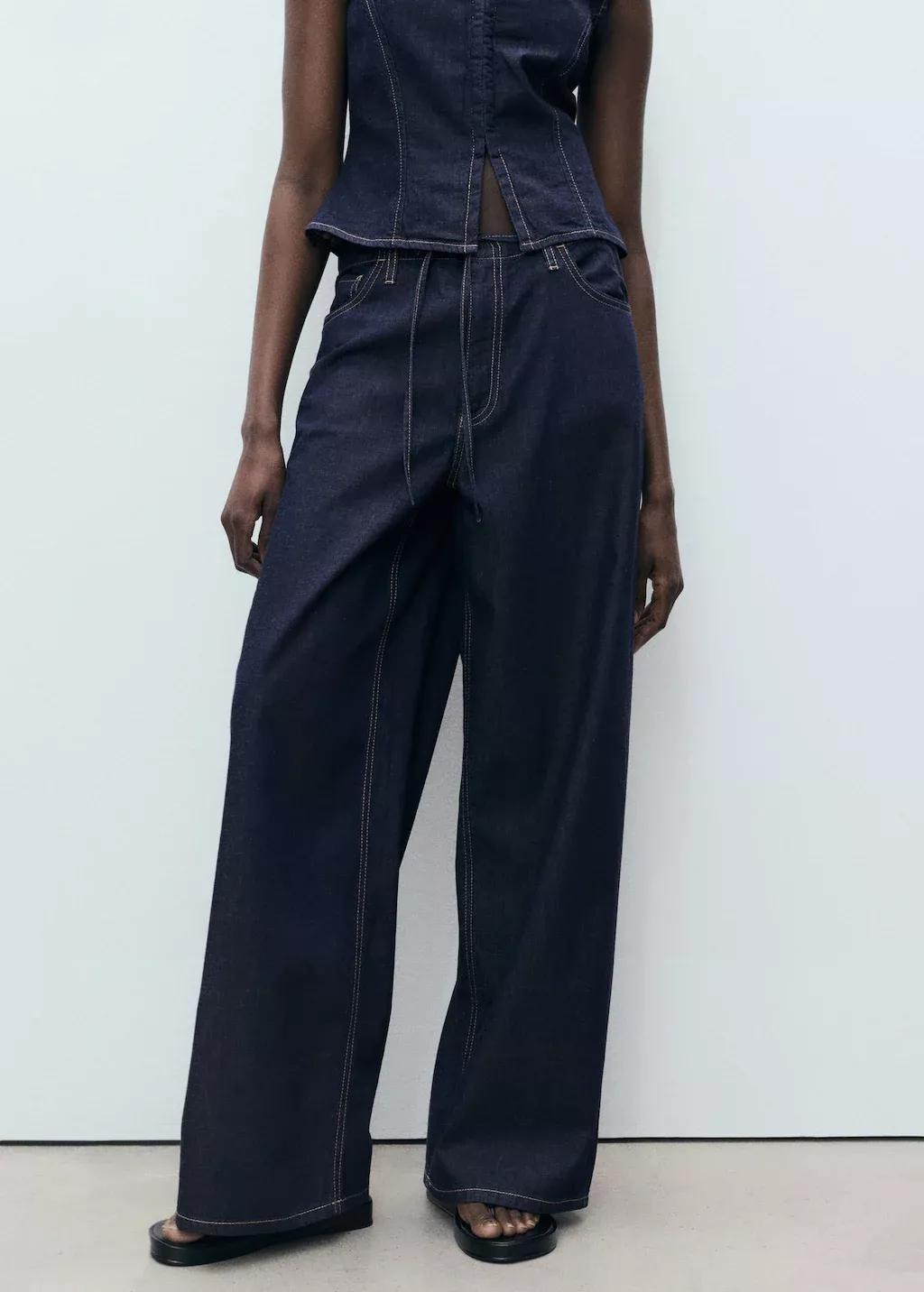Blue Wideleg Denim Trousers With Belt, , large image number 0