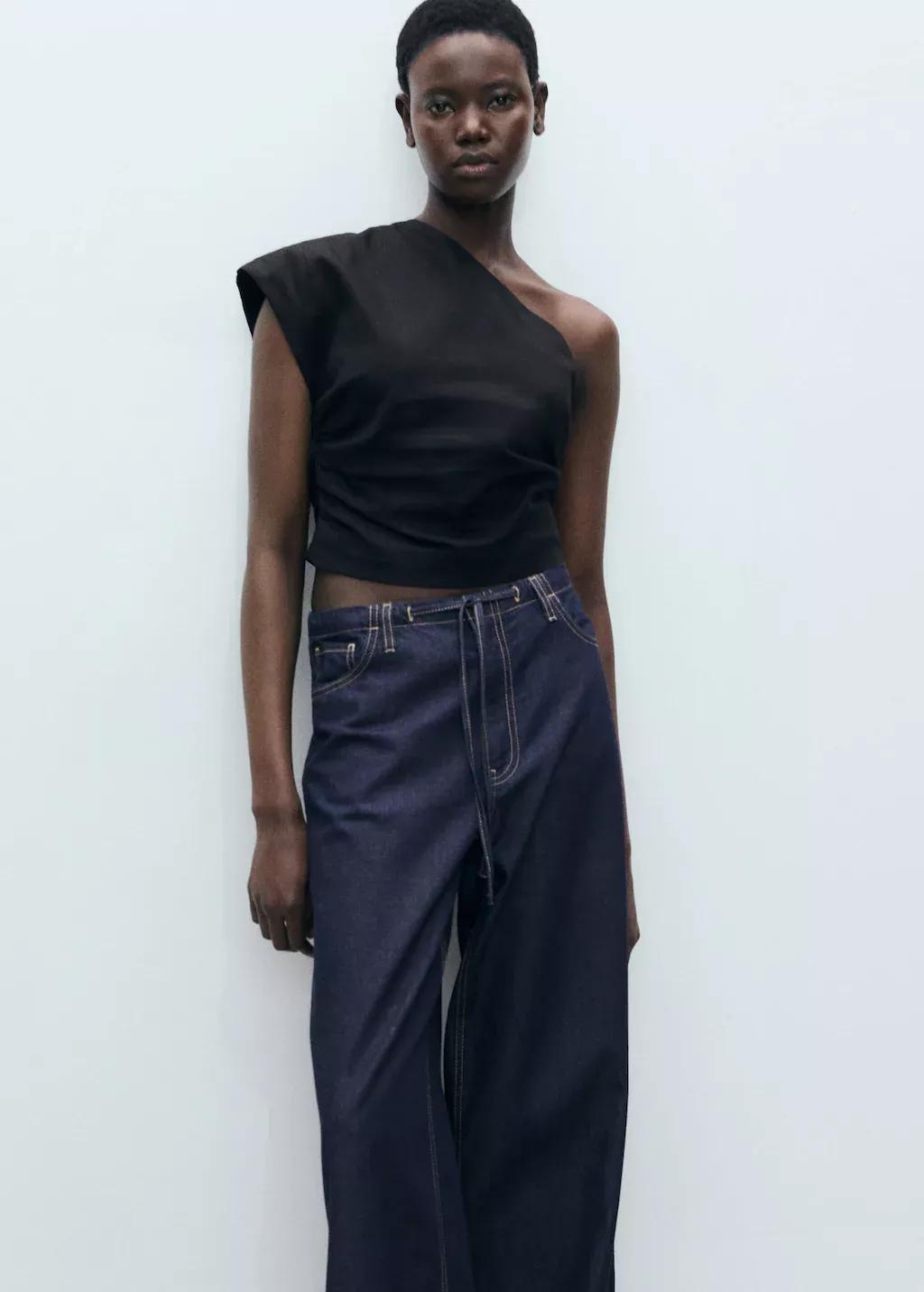 Blue Wideleg Denim Trousers With Belt, , large image number 1