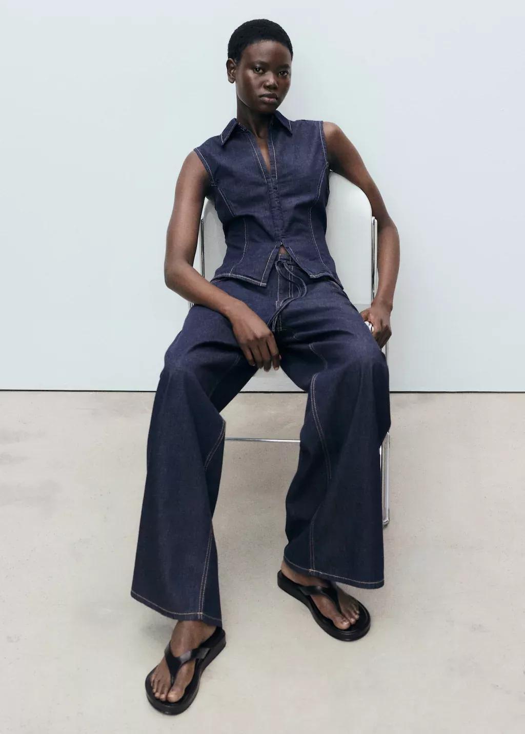 Blue Wideleg Denim Trousers With Belt, , large image number 2