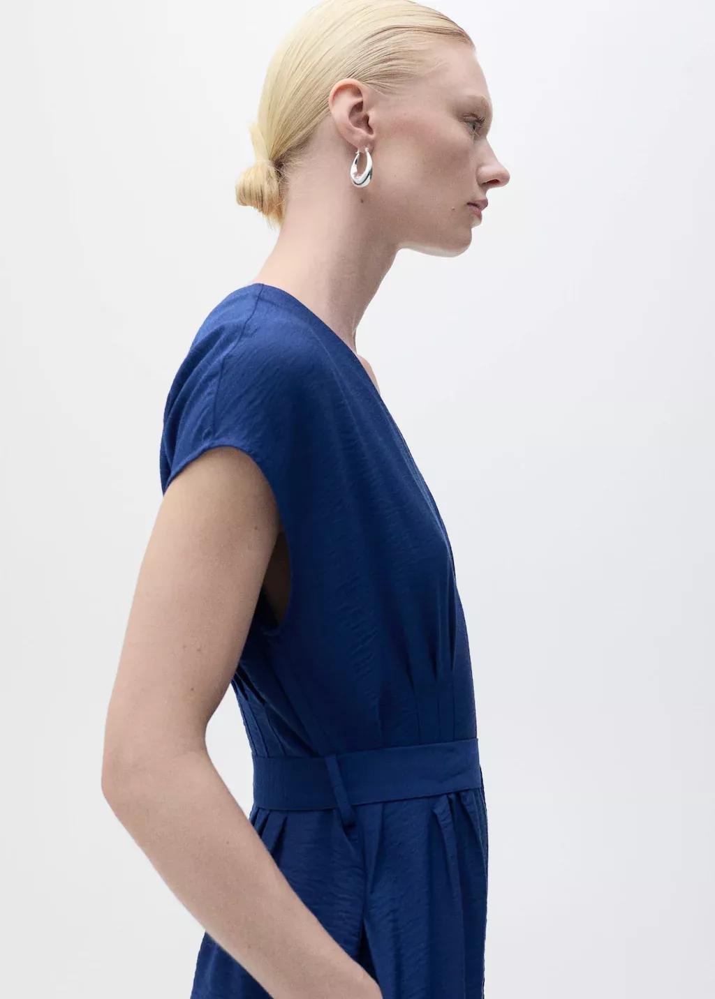 Blue Long Cropped Jumpsuit With Belt, , large image number 0