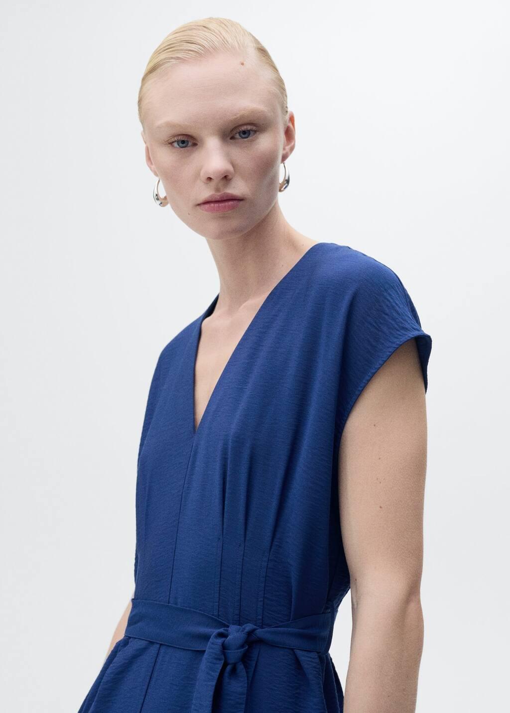 Blue Long Cropped Jumpsuit With Belt, , large image number 1