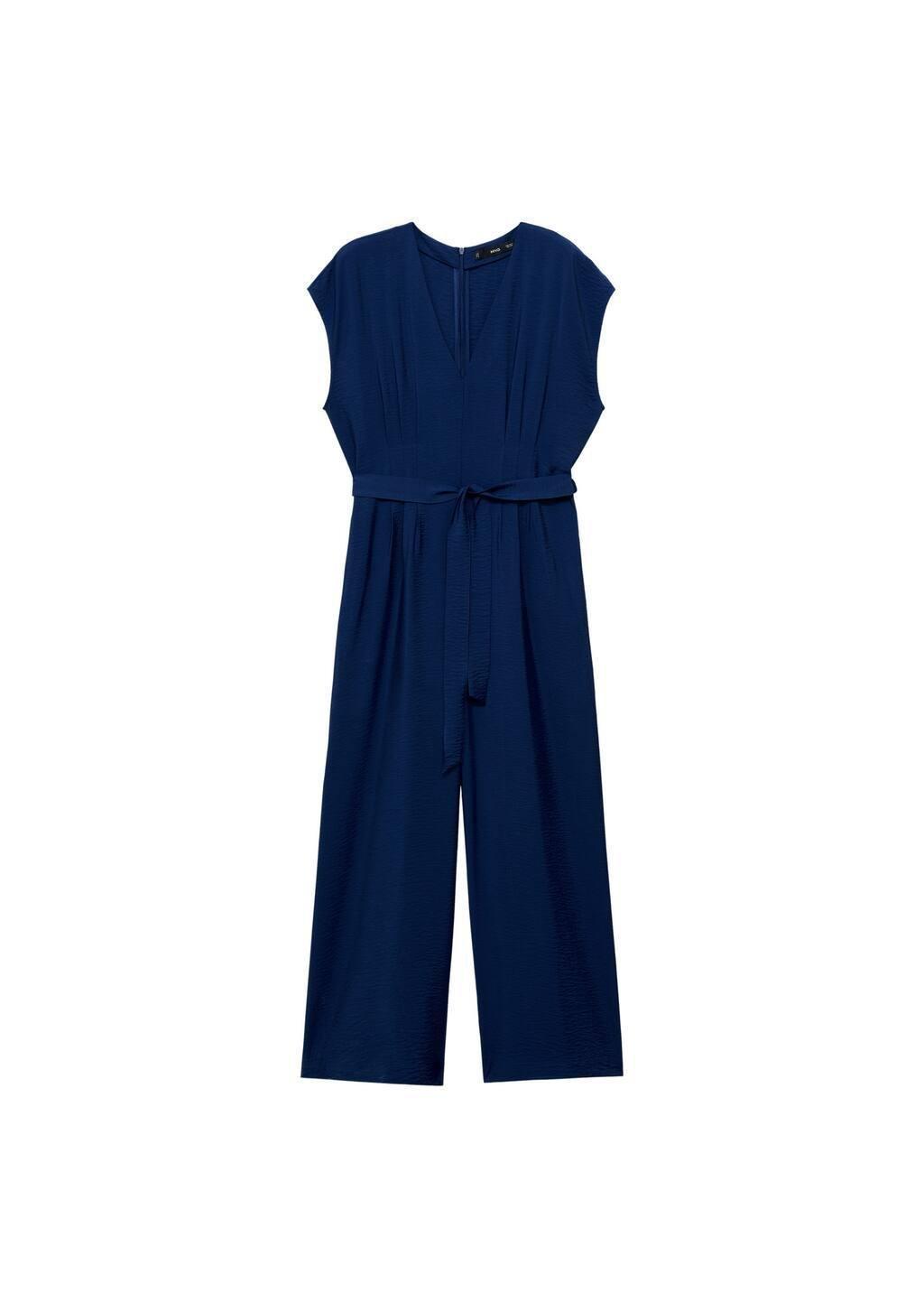 Blue Long Cropped Jumpsuit With Belt, , large image number 2