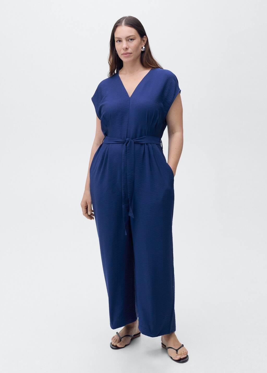 Blue Long Cropped Jumpsuit With Belt, , large image number 3