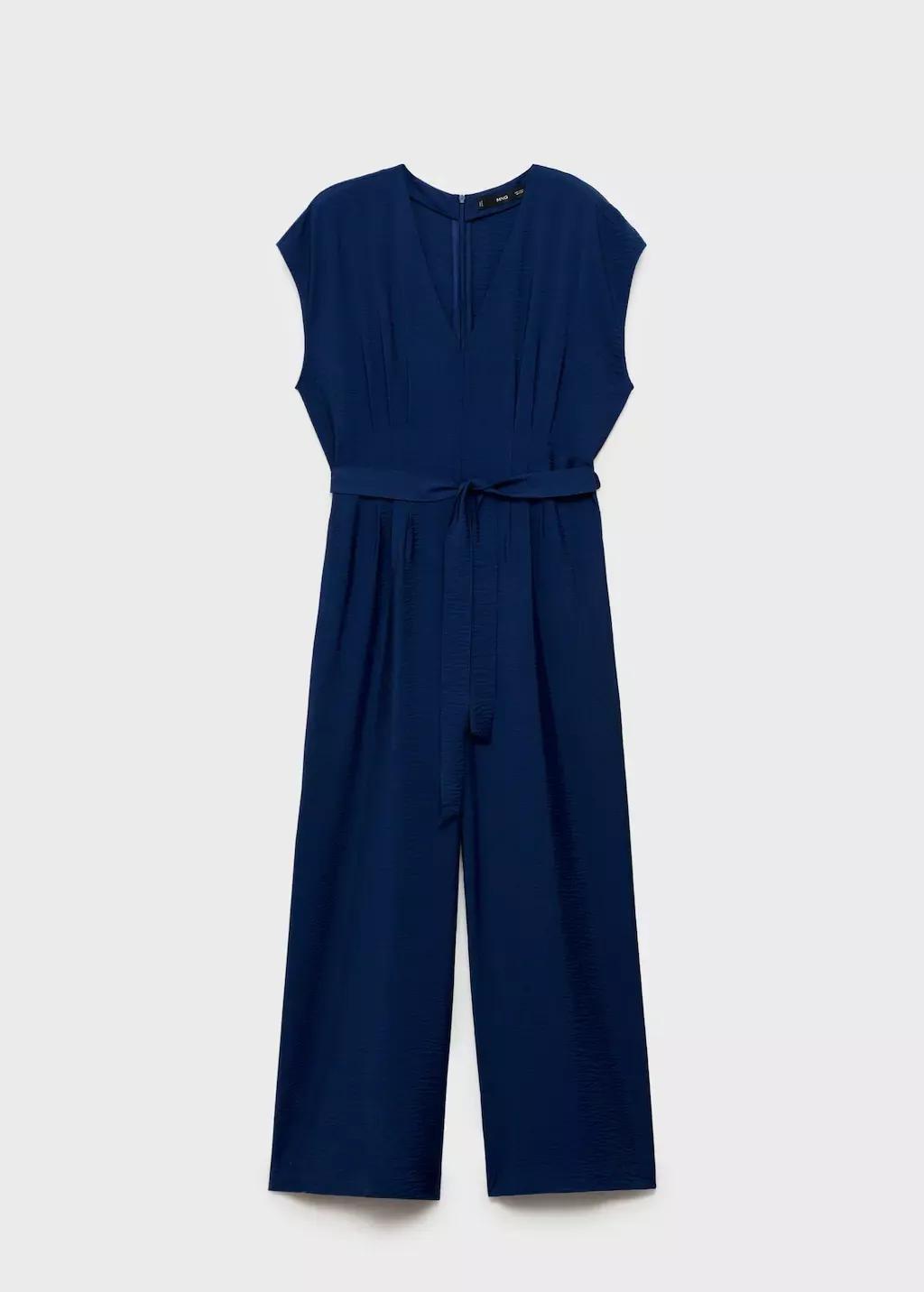 Blue Long Cropped Jumpsuit With Belt, , large image number 4