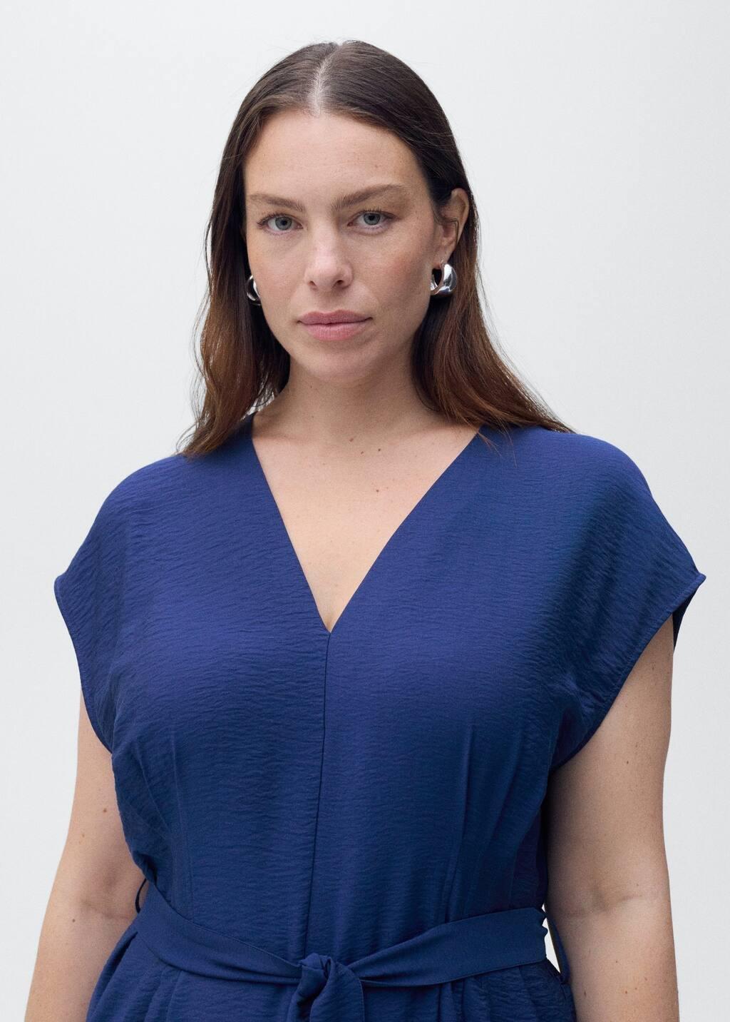 Blue Long Cropped Jumpsuit With Belt, , large image number 5