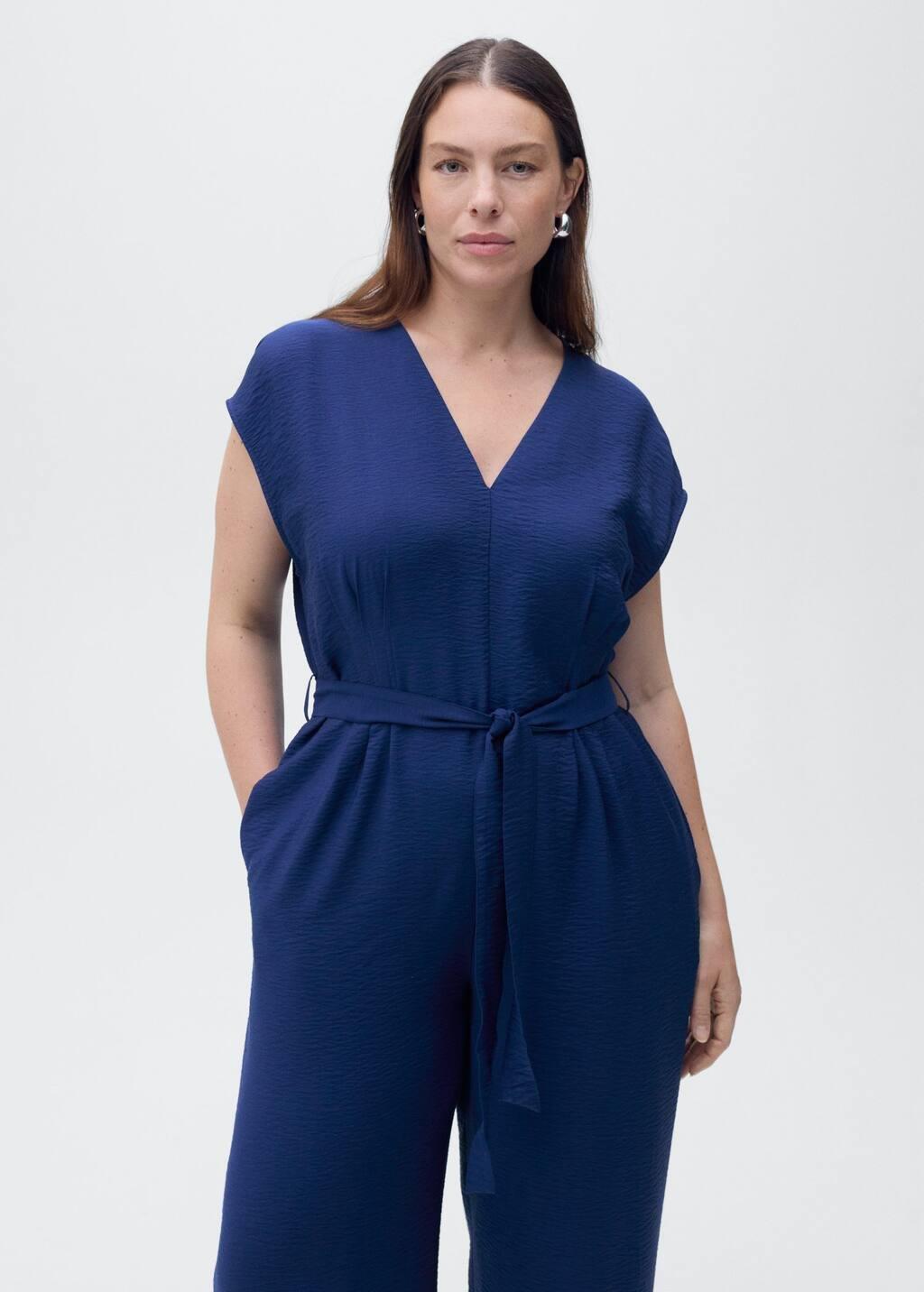 Blue Long Cropped Jumpsuit With Belt, , large image number 6