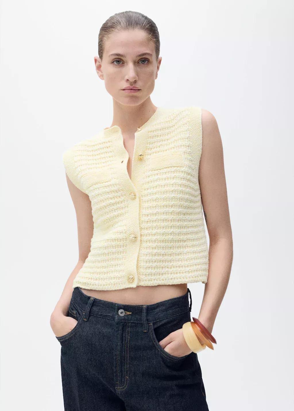 Yellow Knitted Cardigan With Jewel Button, Yellow, large image number 0