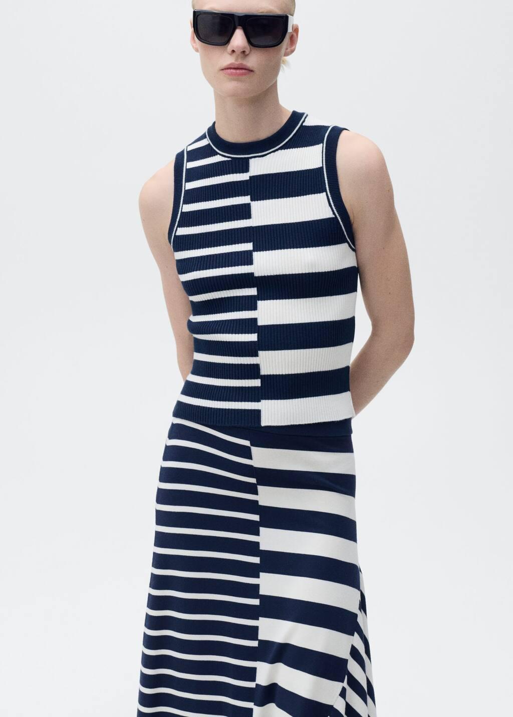 Navy Asymmetrical Striped Knit Skirt, , large image number 1