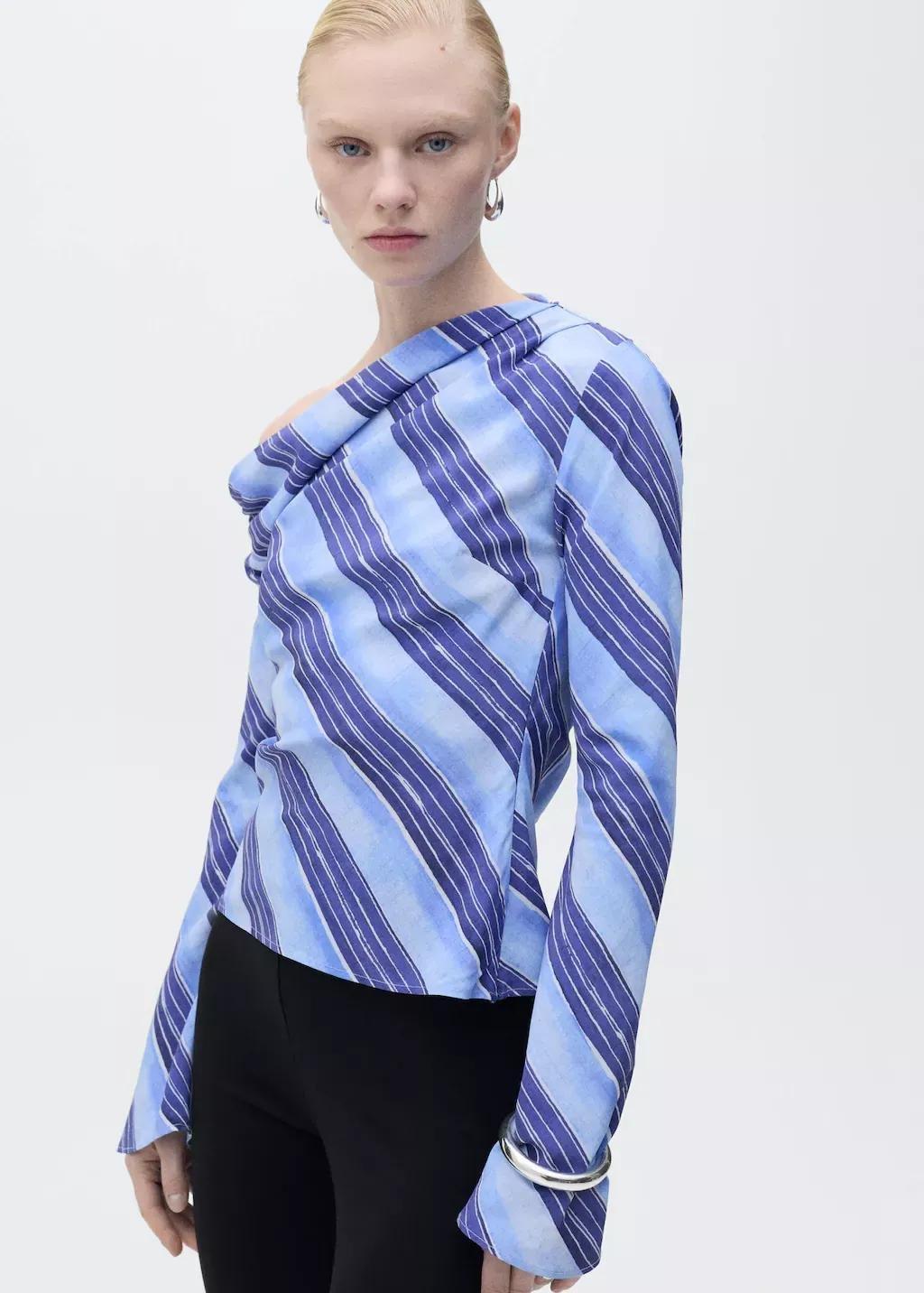 Blue Lt Pastel Asymmetrical Striped Blouse, , medium