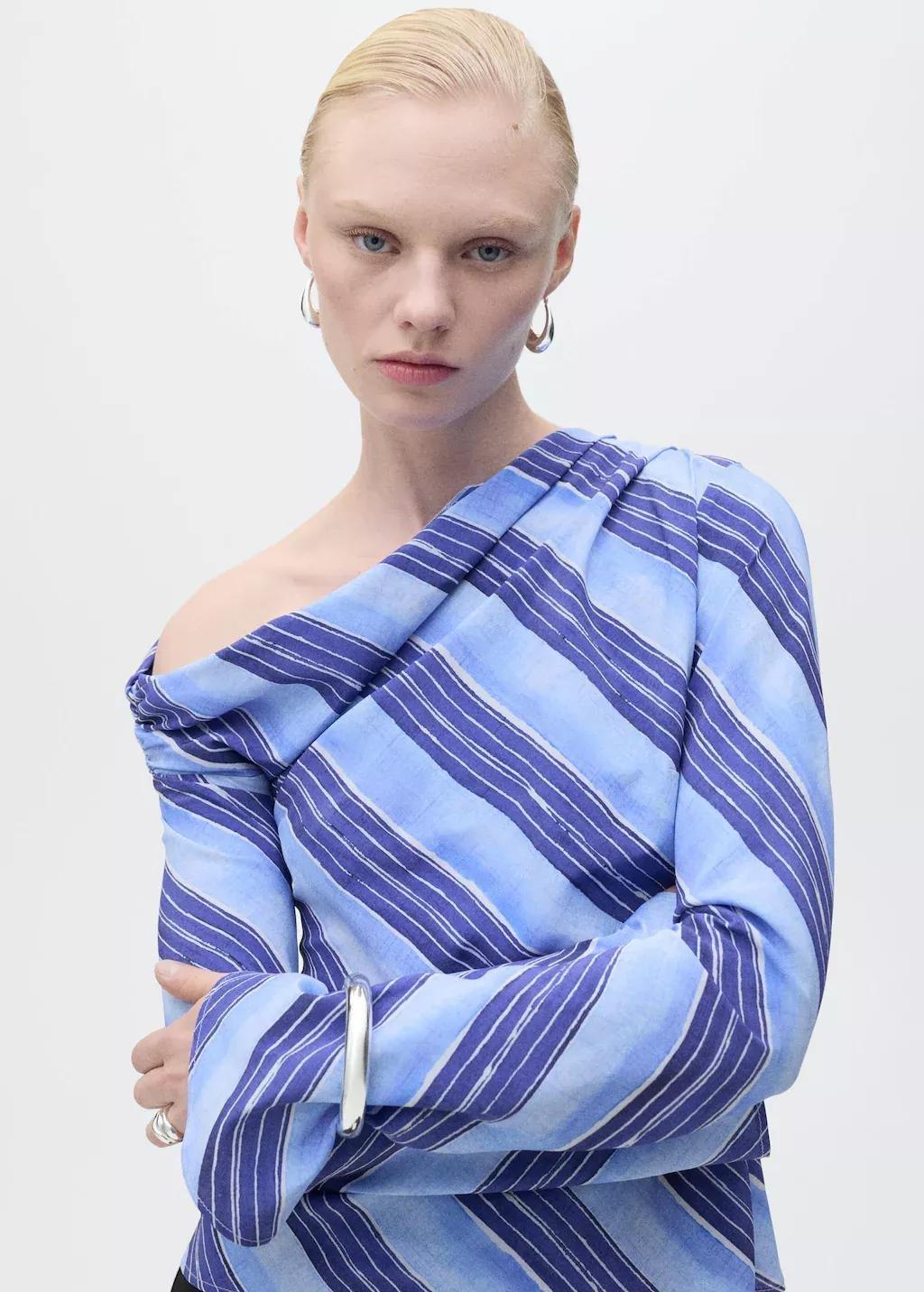 Blue Lt Pastel Asymmetrical Striped Blouse, , large image number 1
