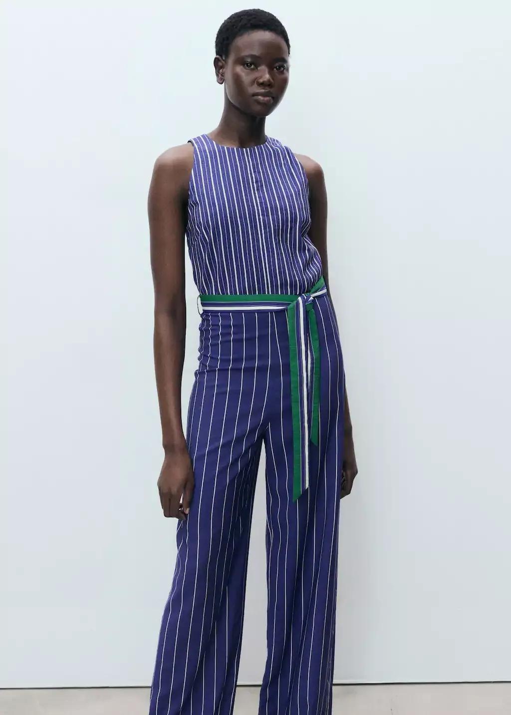 Blue Striped Jumpsuit With Belt, , large image number 0