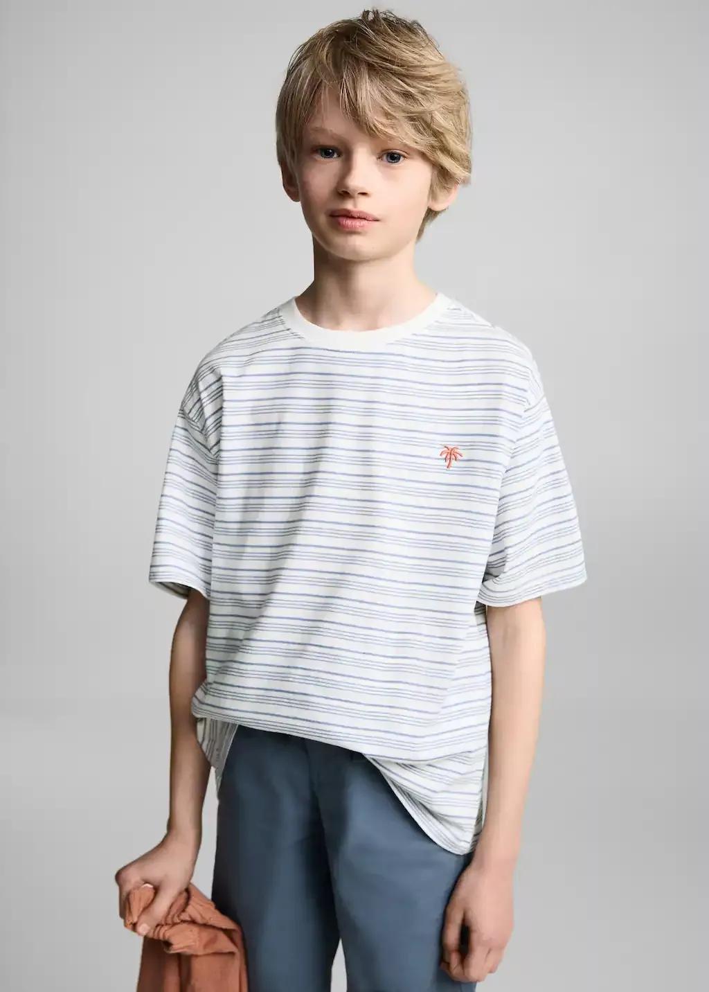 Blue Striped T-Shirt With Embroidered Detail, Kids Boy, , large image number 0