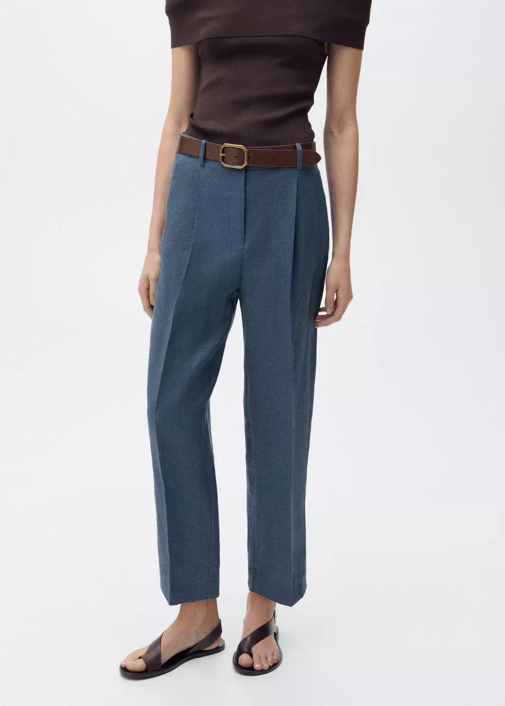 Blue Straight-Fit Linen Trousers With Pleat Detail, , large image number 0