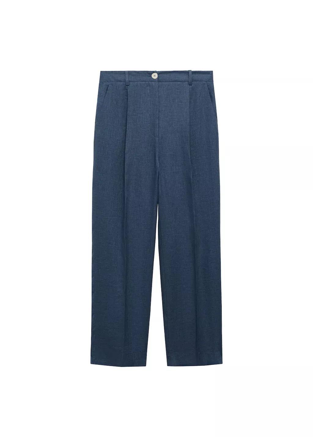 Blue Straight-Fit Linen Trousers With Pleat Detail, , large image number 3
