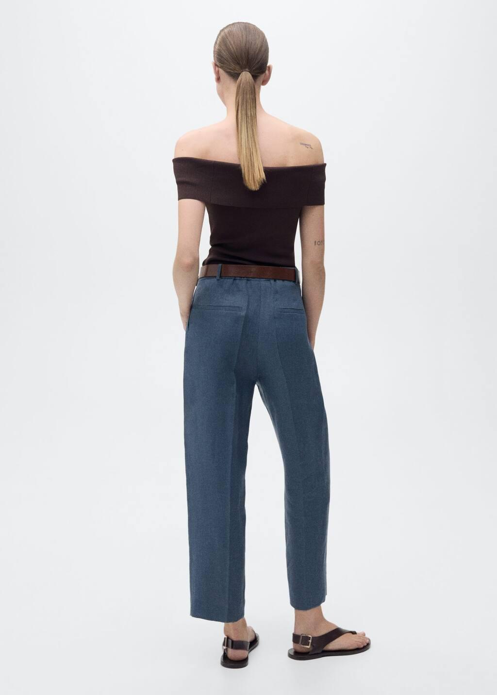 Blue Straight-Fit Linen Trousers With Pleat Detail, , large image number 4