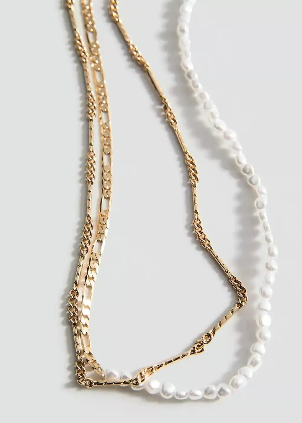 Gold Double Pearl Chain Necklace, , medium