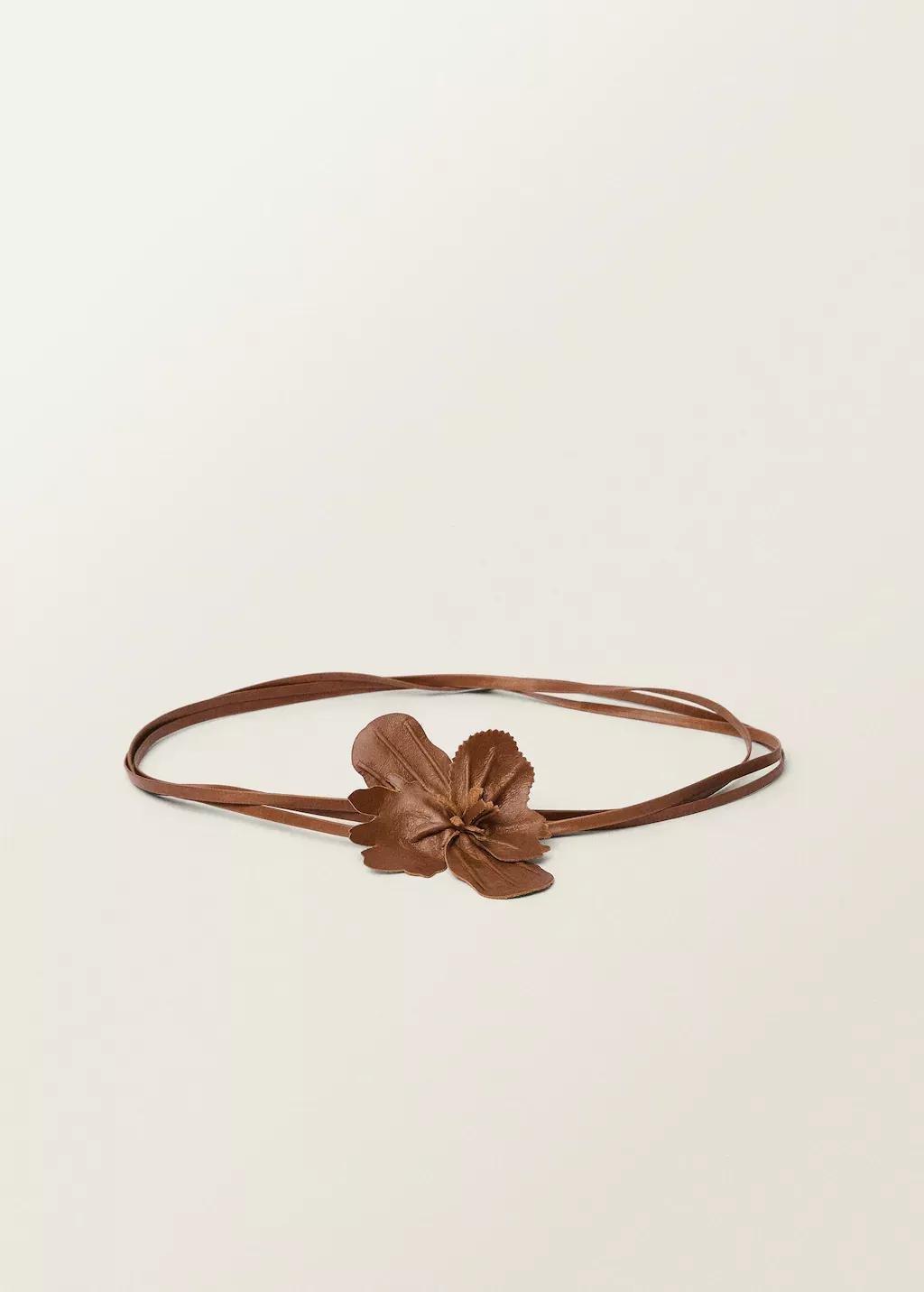 Brown Thin Leather Belt With Flower Detail, 0201_30, large image number 4