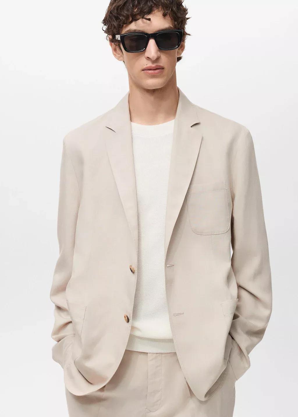Beige Slim Fit Linen Suit Blazer, , large image number 0