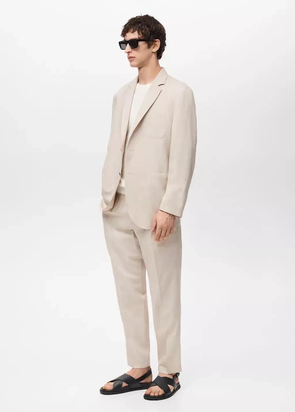 Beige Slim Fit Linen Suit Blazer, , large image number 2