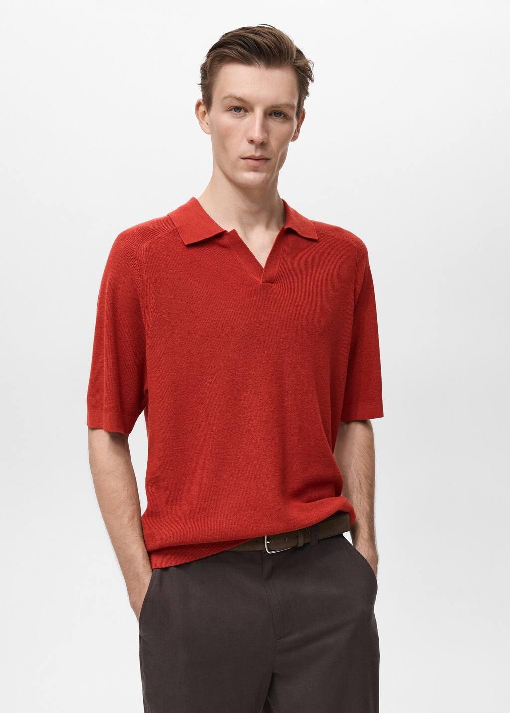 RED Structured knitted polo shirt, , large image number 0