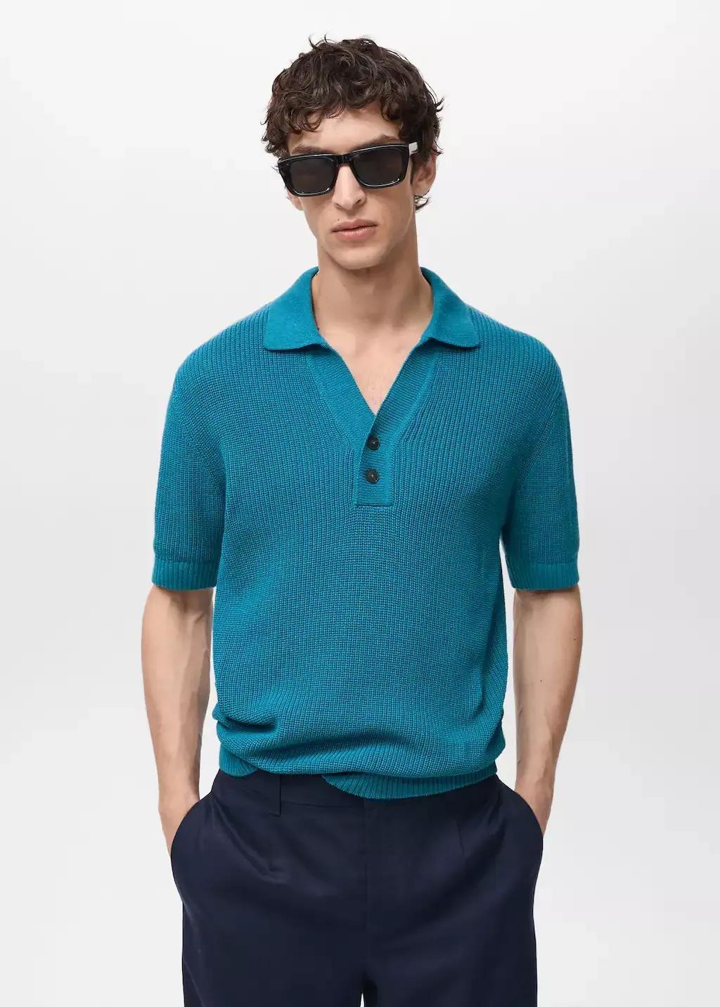 Turquoise Pearl-Knit Polo Shirt, , large image number 0