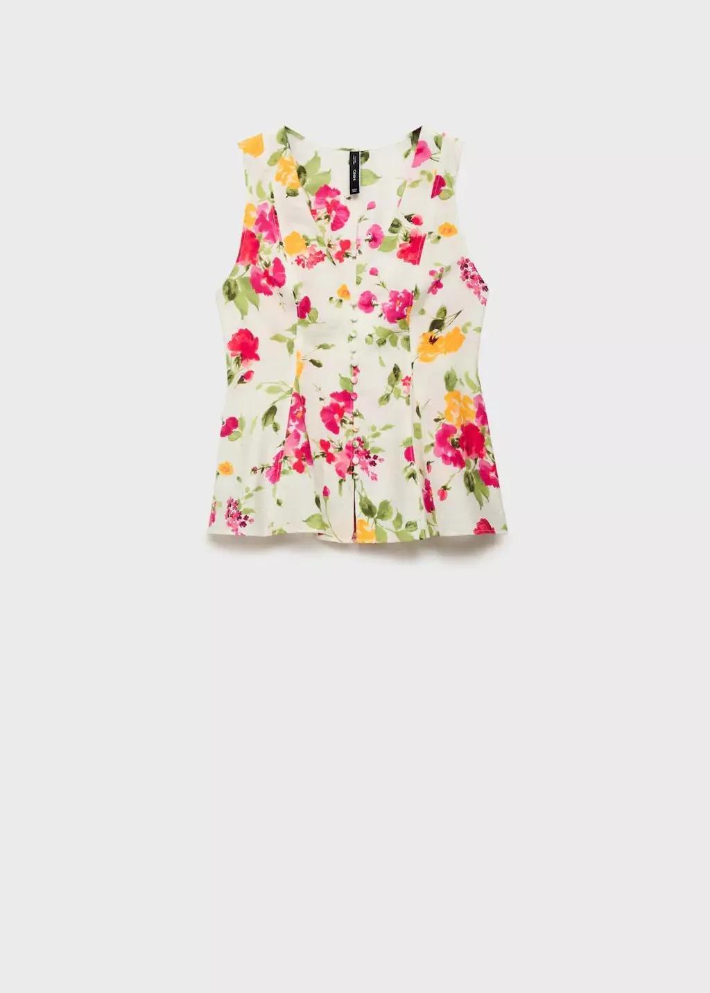 Beige Floral Button-Down Fitted Blouse, , large image number 0