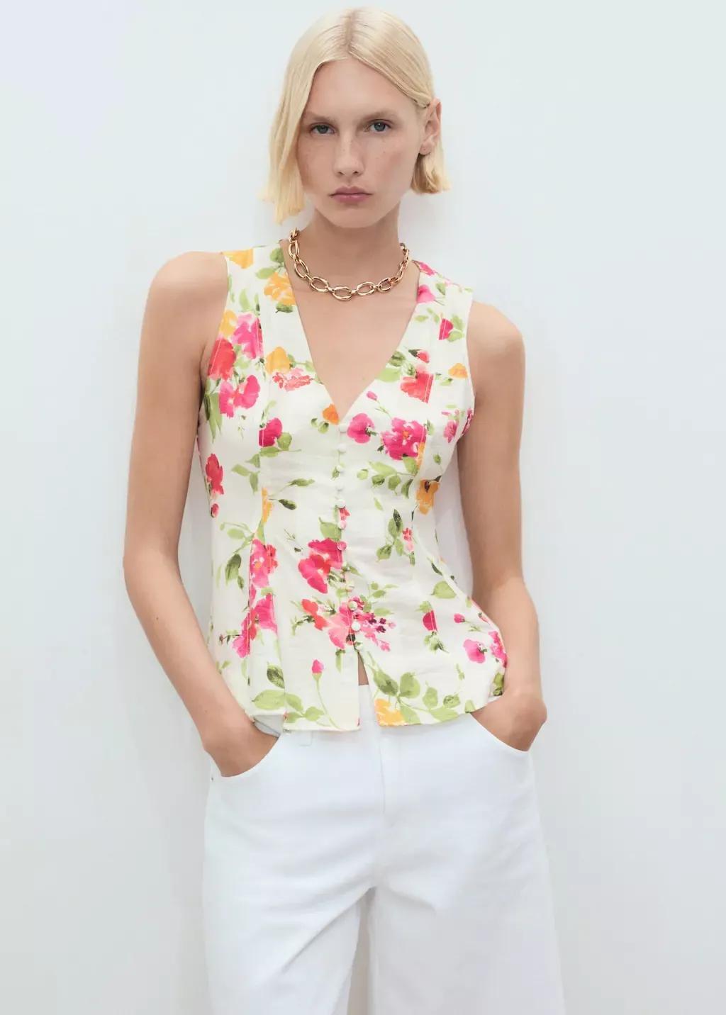 Beige Floral Button-Down Fitted Blouse, , large image number 1