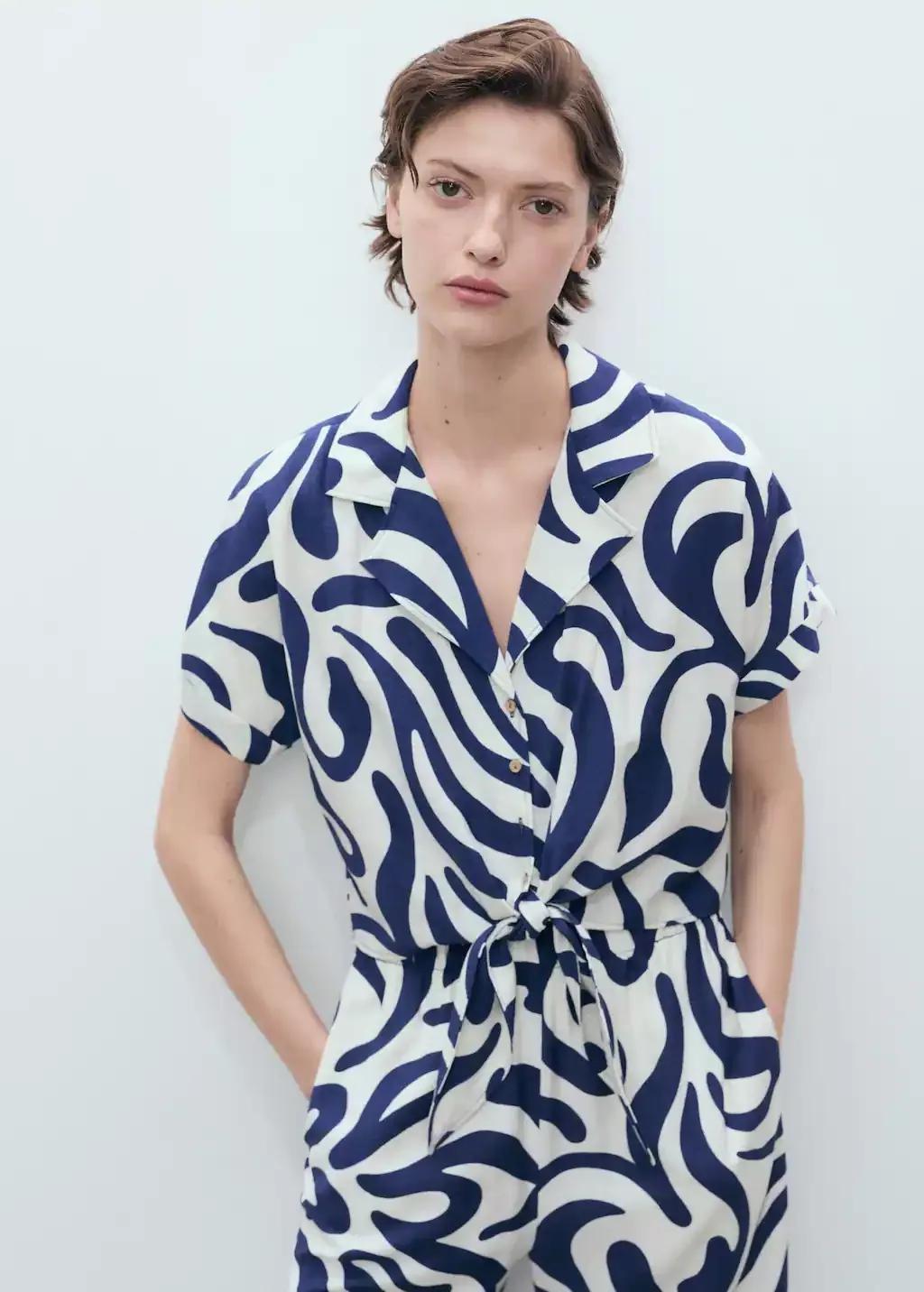 White Printed Crop Shirt With Knot Detail, , large image number 0
