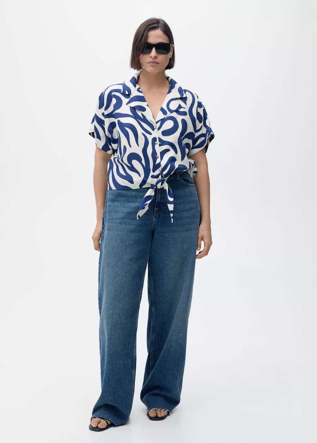White Printed Crop Shirt With Knot Detail, , large image number 4