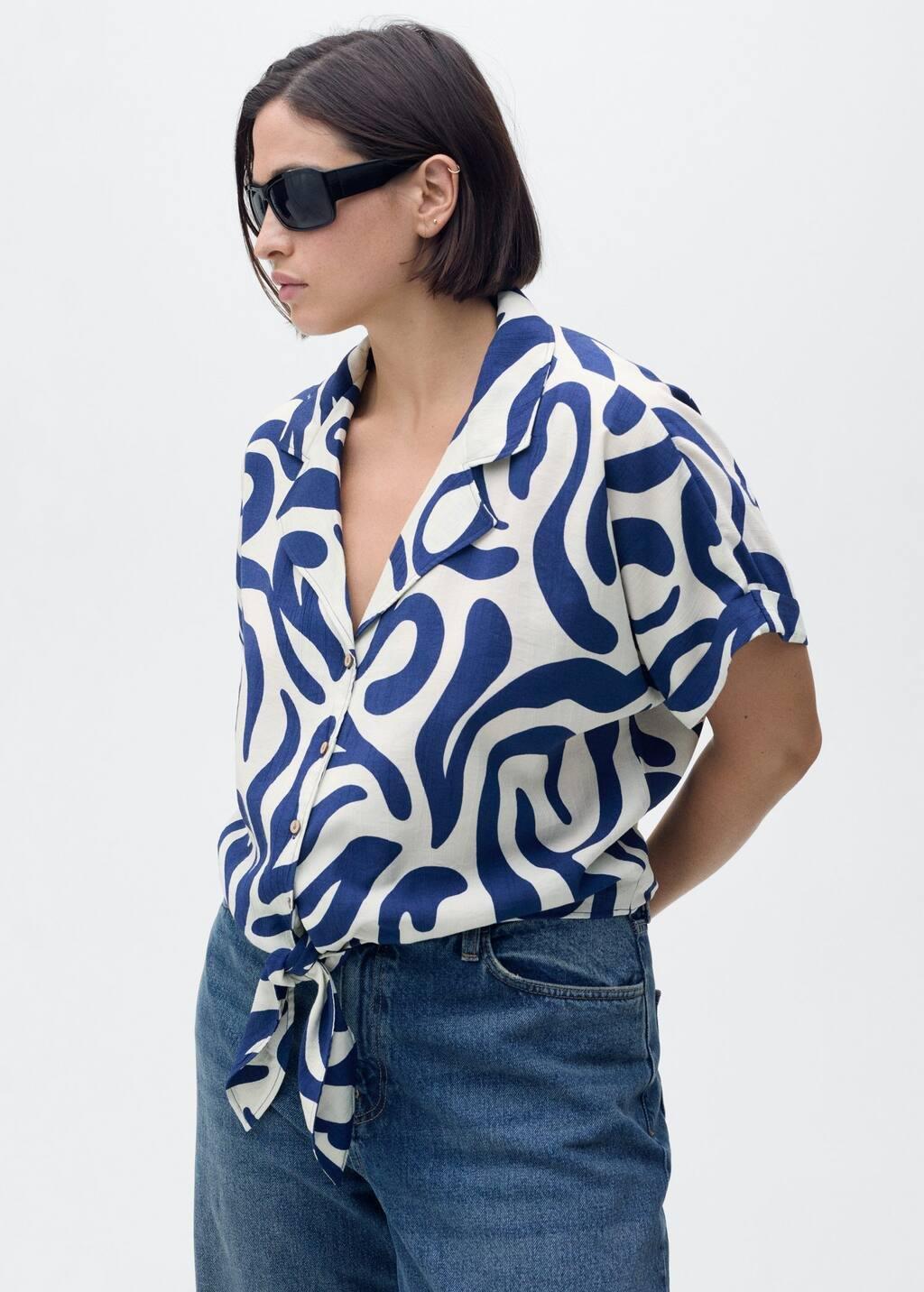 White Printed Crop Shirt With Knot Detail, , large image number 6