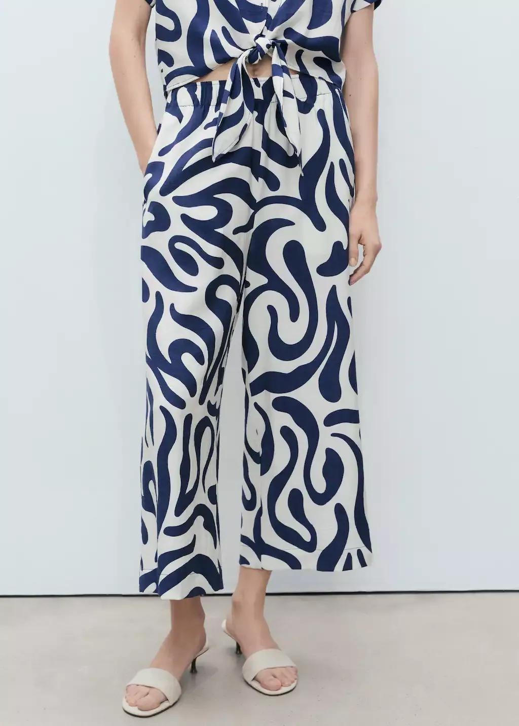 White Printed Culotte Trousers, , large image number 0