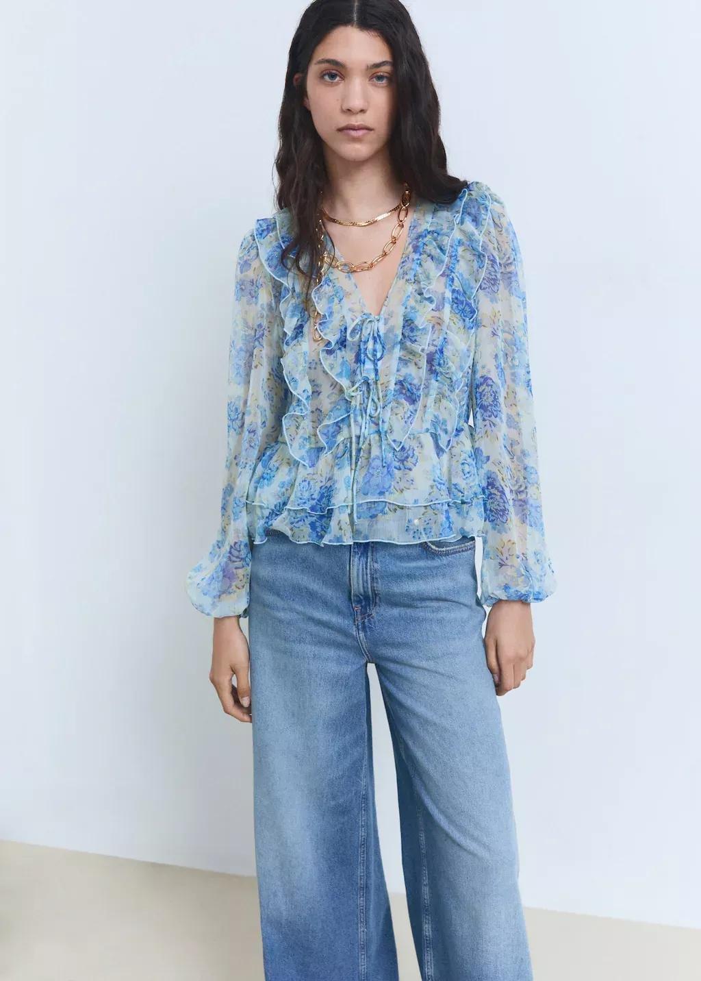 Blue Lt Pastel Floral Ruffled Blouse, , large image number 0