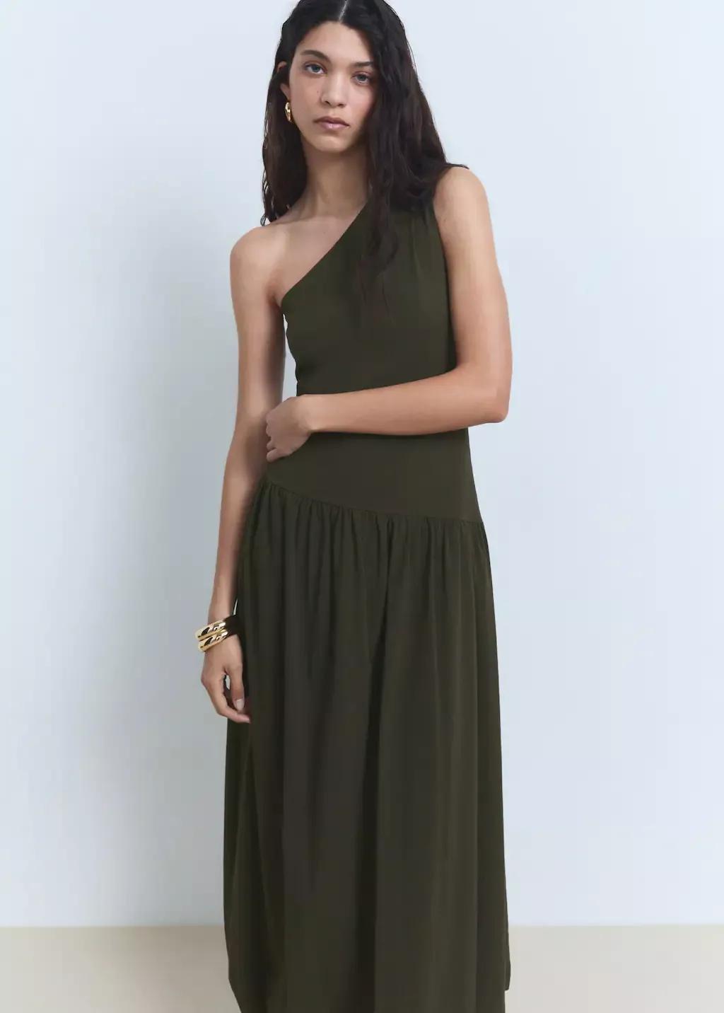 Khaki Asymmetrical Puffed Dress, , large image number 0
