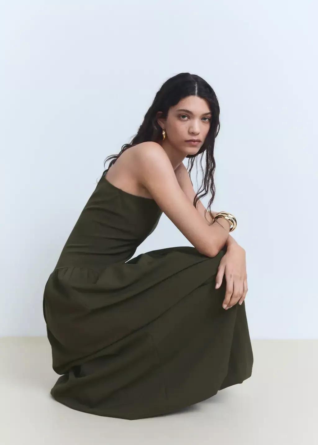 Khaki Asymmetrical Puffed Dress, , large image number 2