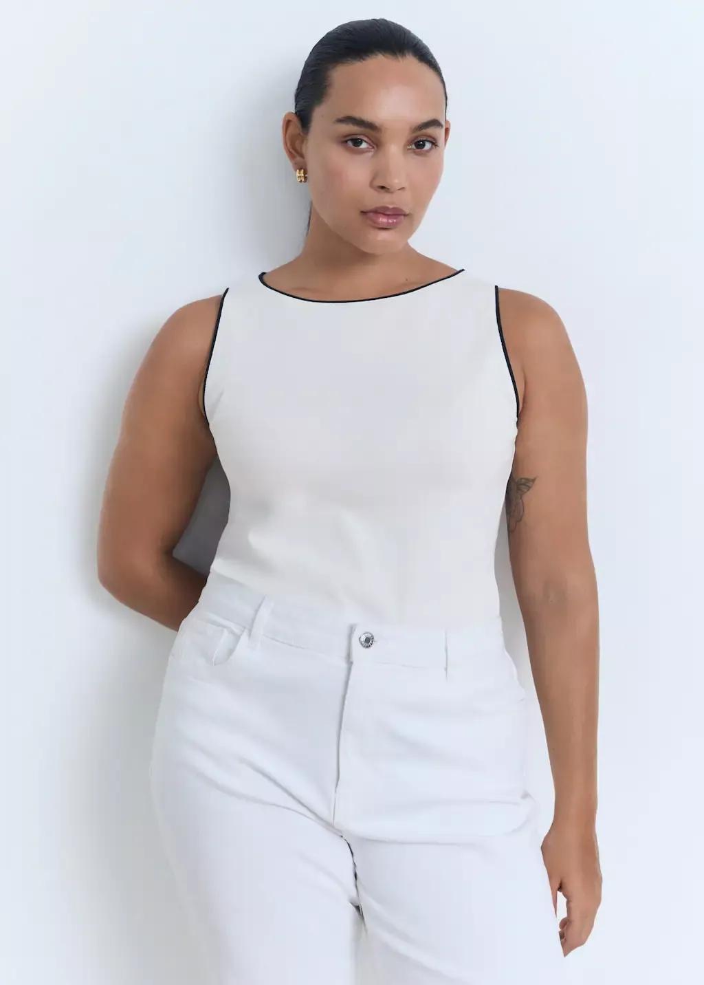 White Cotton Top With Contrasting Trim, , large image number 7
