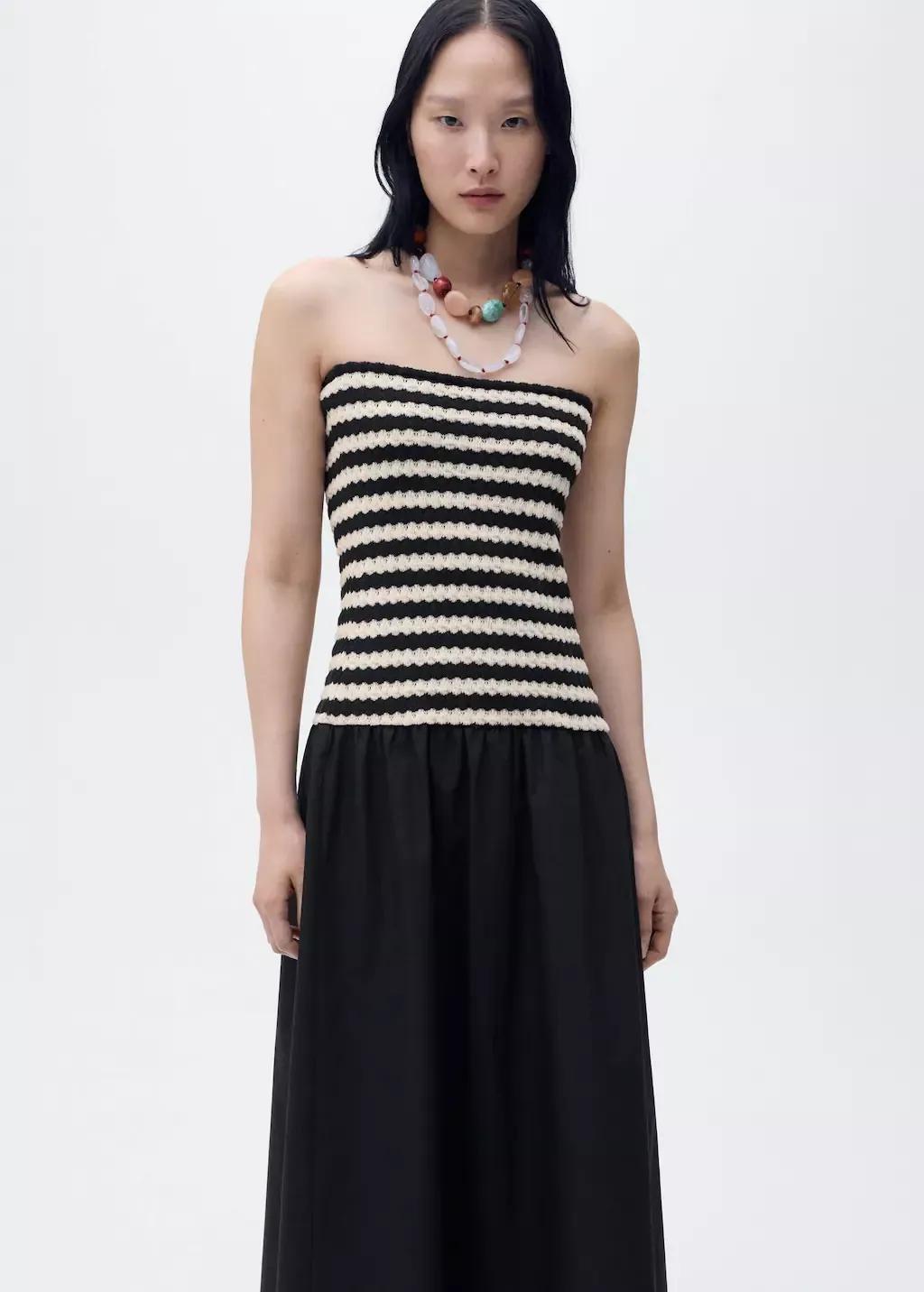 Black Combined Striped Strapless Dress, , large image number 0
