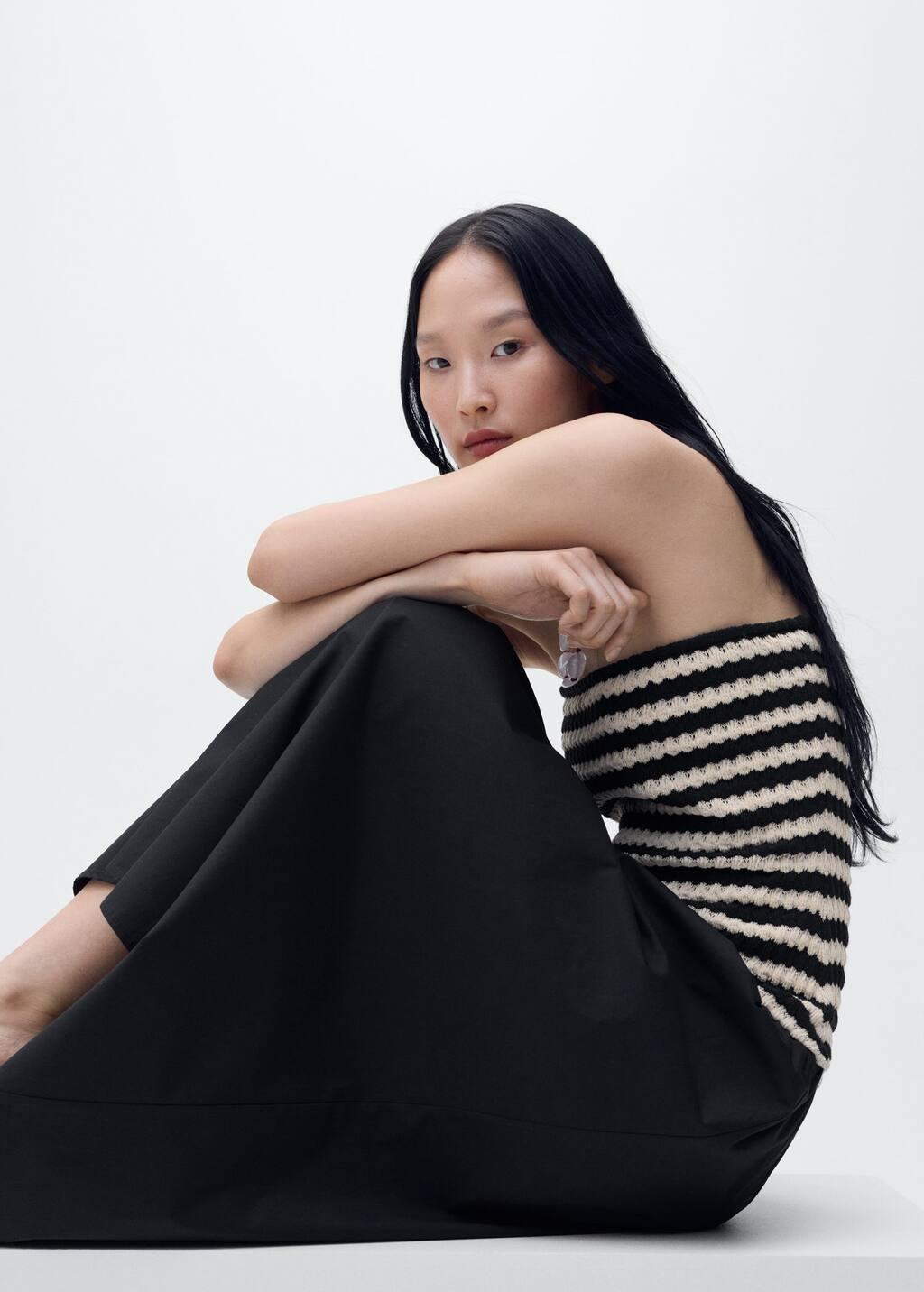 Black Combined Striped Strapless Dress, , large image number 1