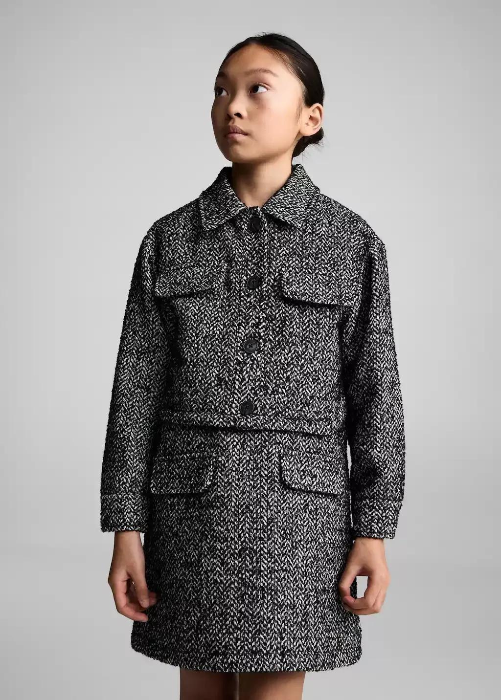 Black Herringbone Crop Jacket, Kids Girl, , large image number 0